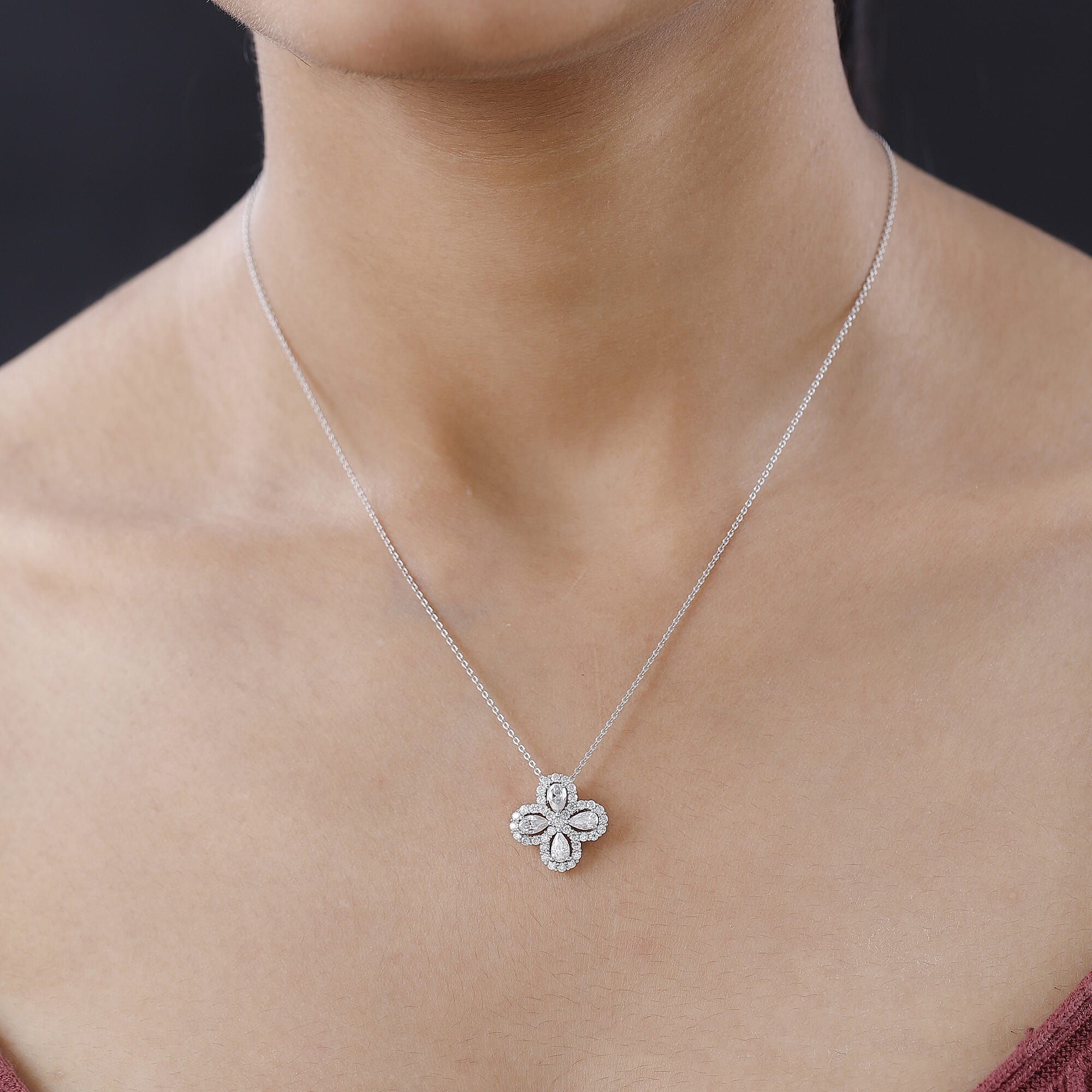 Moissanite Clover Pendant with Chain (Size-20) in Platinum Overlay Sterling Silver 1.43 Ct.