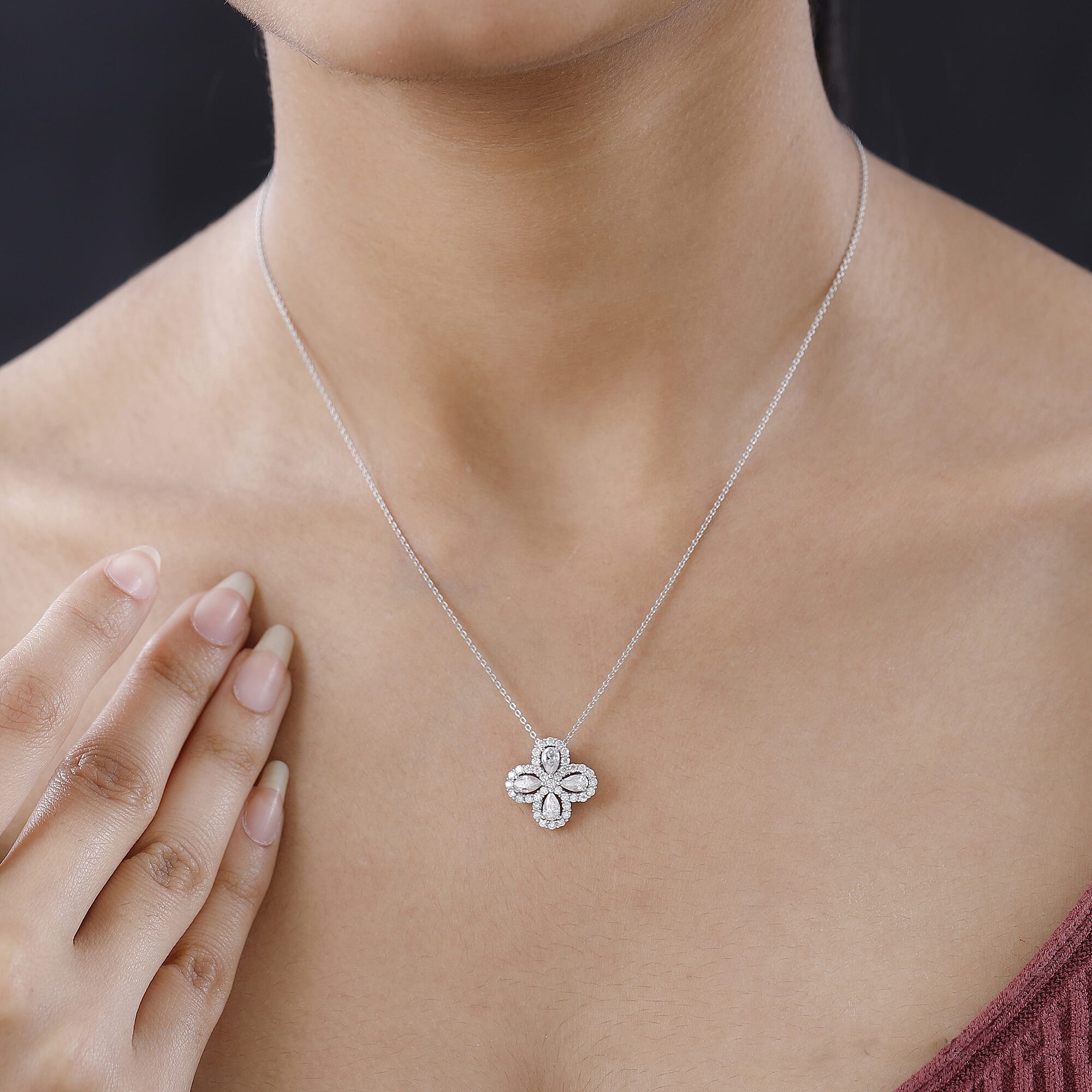 Moissanite Clover Pendant with Chain (Size-20) in Platinum Overlay Sterling Silver 1.43 Ct.