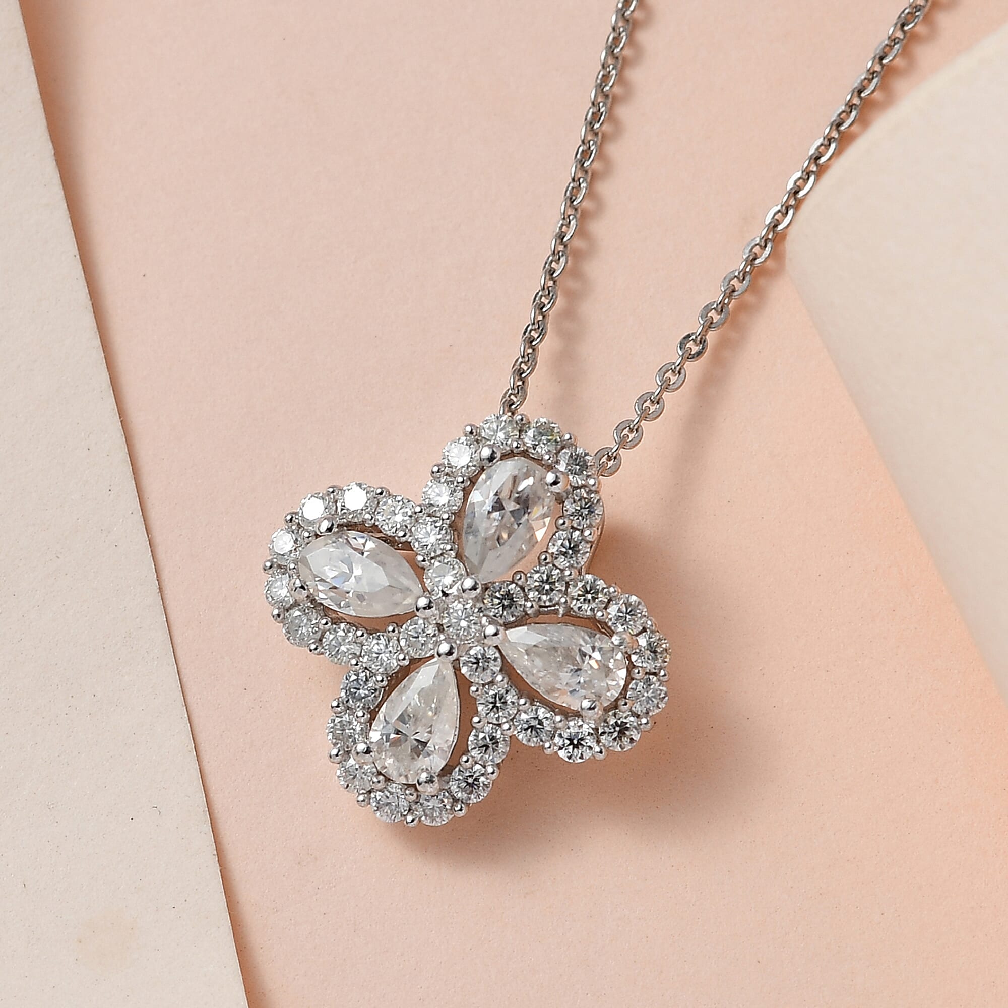 Moissanite Clover Pendant with Chain (Size-20) in Platinum Overlay Sterling Silver 1.43 Ct.