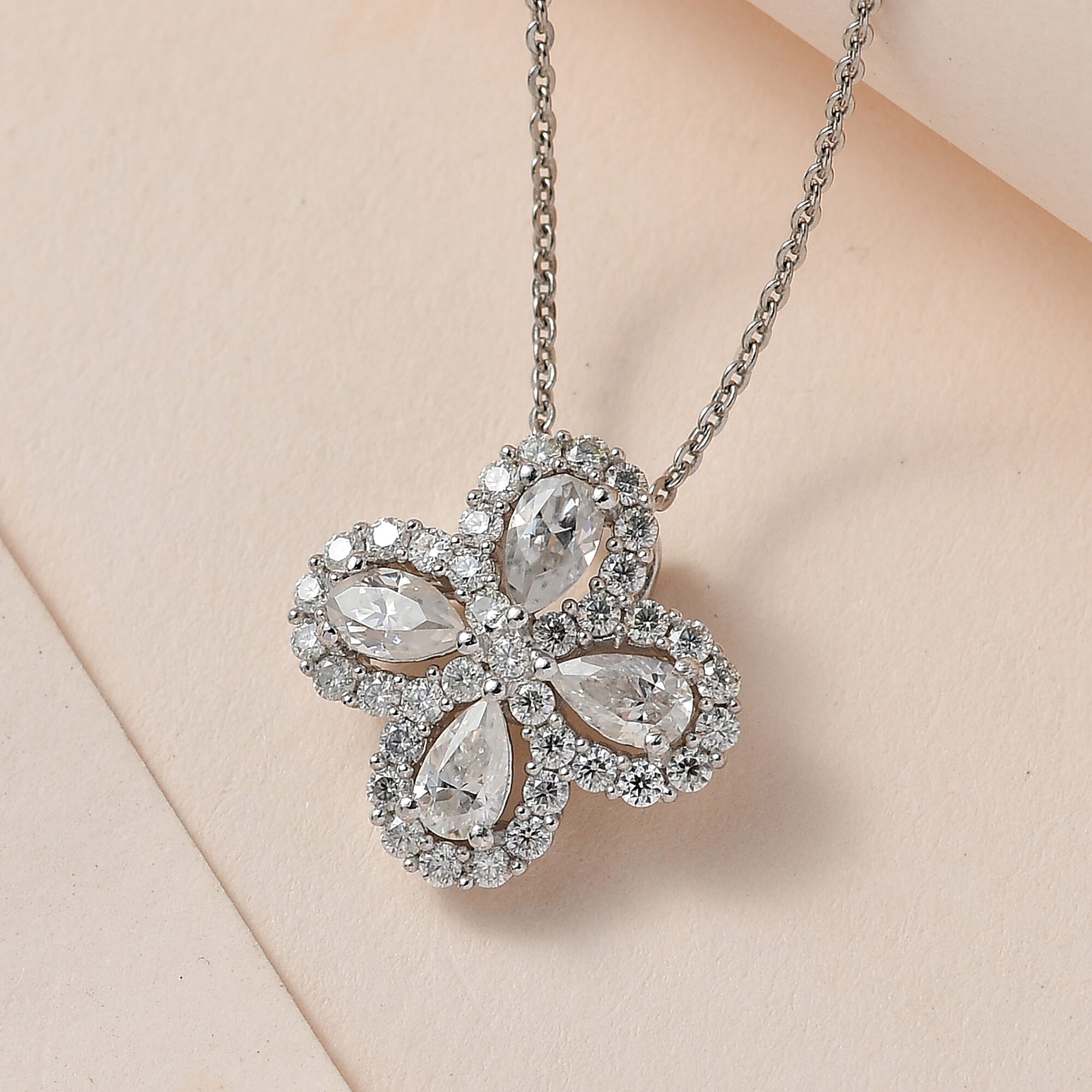 Moissanite Clover Pendant with Chain (Size-20) in Platinum Overlay Sterling Silver 1.43 Ct.