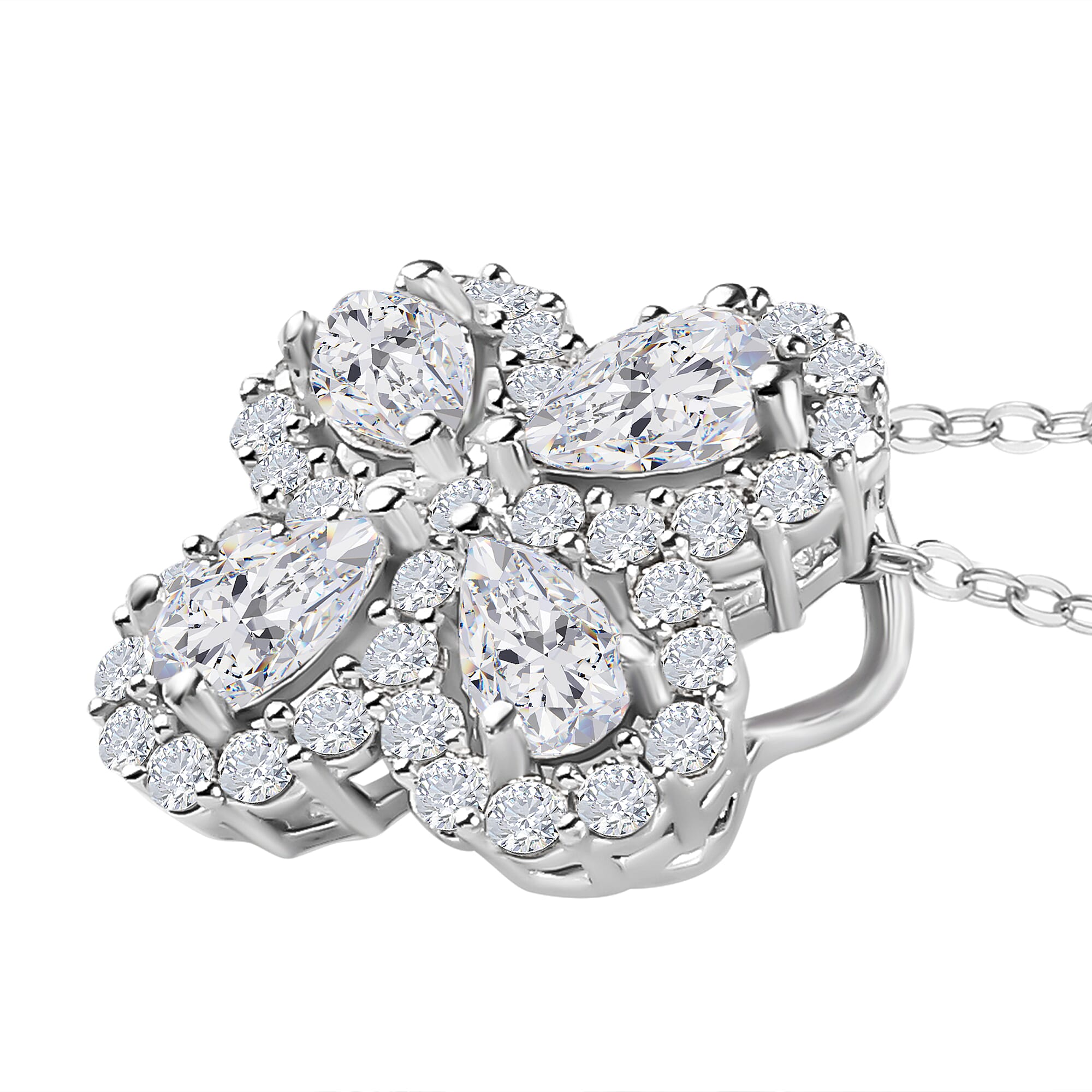 Moissanite Clover Pendant with Chain (Size-20) in Platinum Overlay Sterling Silver 1.43 Ct.