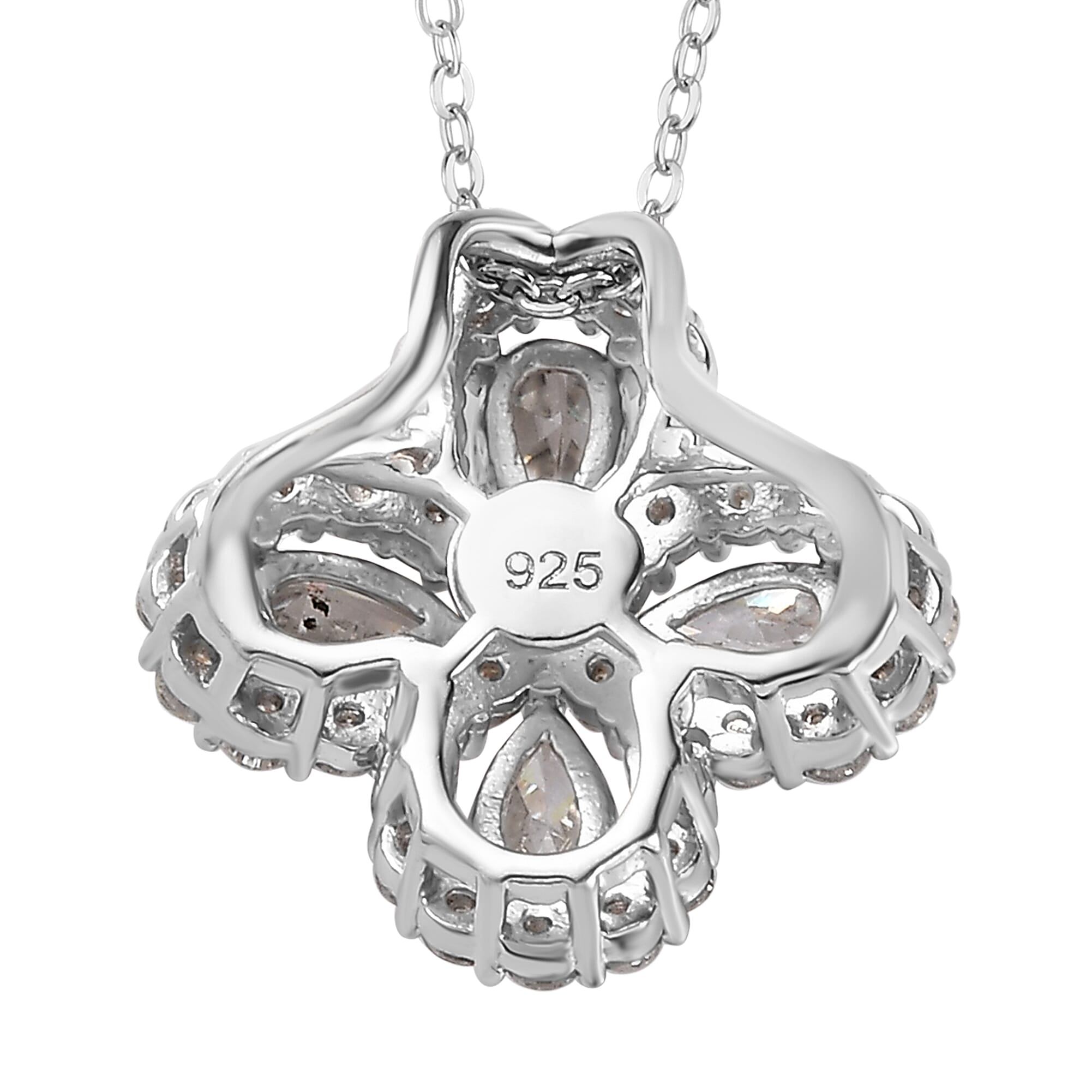 Moissanite Clover Pendant with Chain (Size-20) in Platinum Overlay Sterling Silver 1.43 Ct.