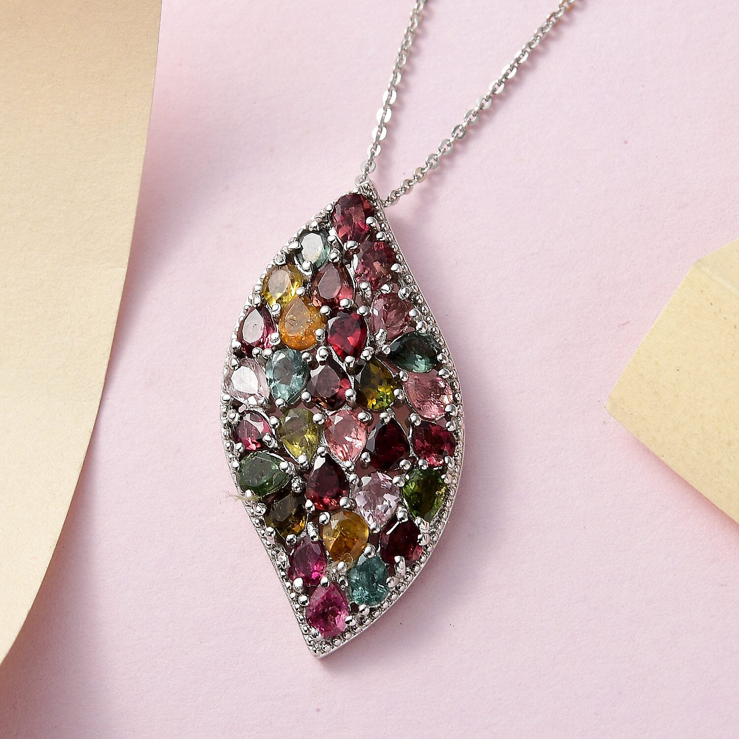 Multi-Tourmaline Cluster Pendant with Chain (Size 20) in Platinum Overlay Sterling Silver 4.34 Ct, Silver Wt 5.83 GM