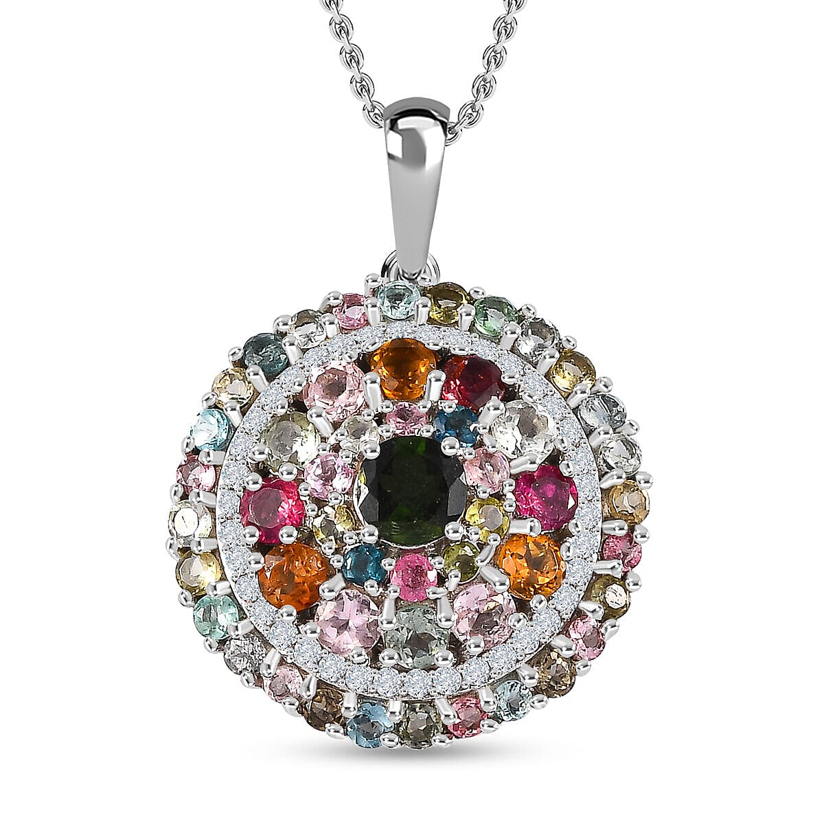 Multi-Tourmaline and Natural Zircon Cluster Pendant with Chain (Size 20) in Platinum Overlay Sterling Silver 4.20 Ct, Silver Wt. 6.41 Gms