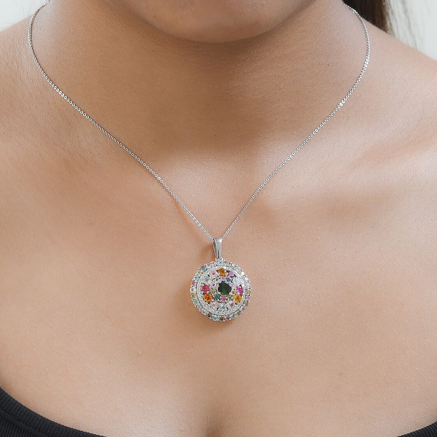 Multi-Tourmaline and Natural Zircon Cluster Pendant with Chain (Size 20) in Platinum Overlay Sterling Silver 4.20 Ct, Silver Wt. 6.41 Gms