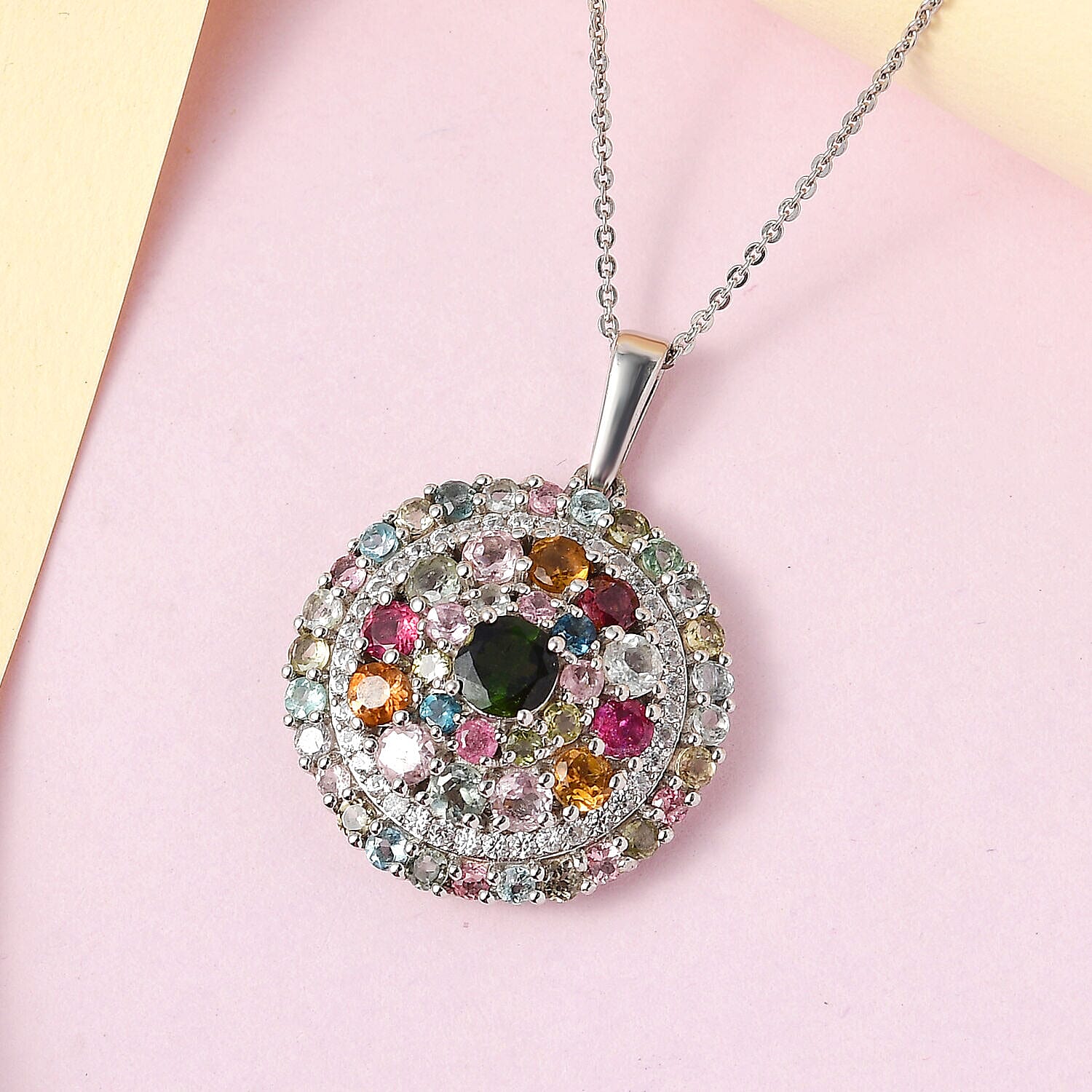 Multi-Tourmaline and Natural Zircon Cluster Pendant with Chain (Size 20) in Platinum Overlay Sterling Silver 4.20 Ct, Silver Wt. 6.41 Gms