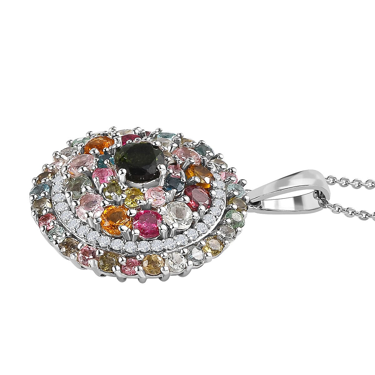 Multi-Tourmaline and Natural Zircon Cluster Pendant with Chain (Size 20) in Platinum Overlay Sterling Silver 4.20 Ct, Silver Wt. 6.41 Gms