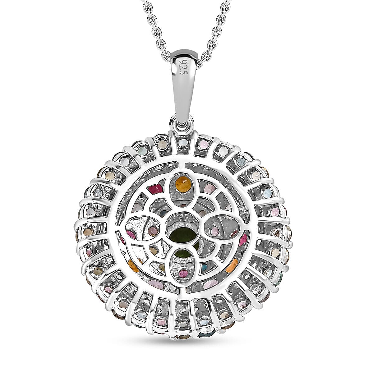 Multi-Tourmaline and Natural Zircon Cluster Pendant with Chain (Size 20) in Platinum Overlay Sterling Silver 4.20 Ct, Silver Wt. 6.41 Gms