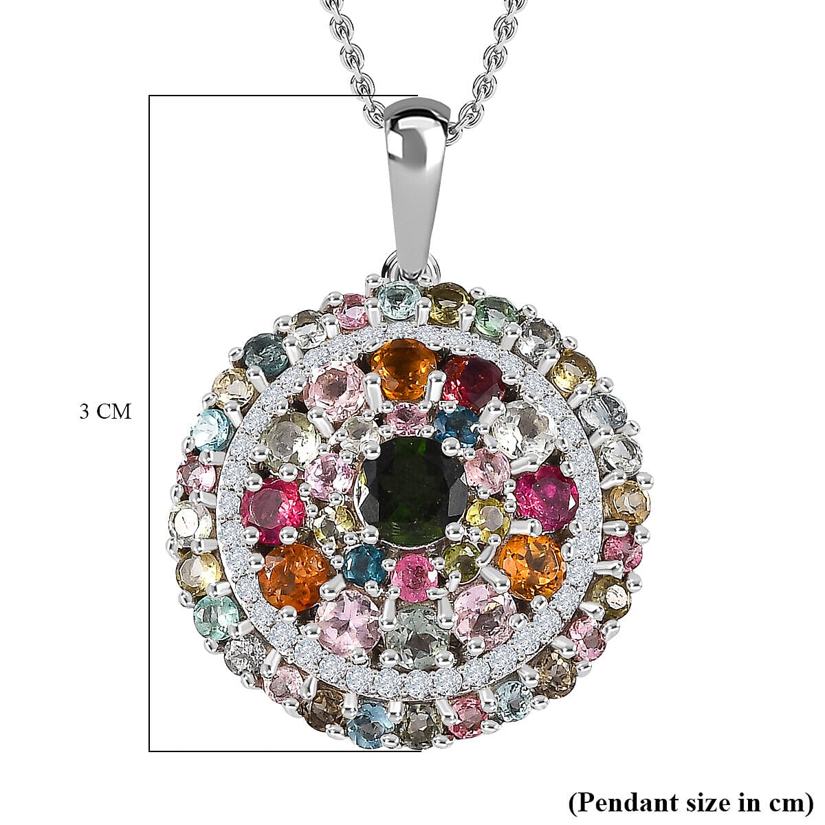 Multi-Tourmaline and Natural Zircon Cluster Pendant with Chain (Size 20) in Platinum Overlay Sterling Silver 4.20 Ct, Silver Wt. 6.41 Gms