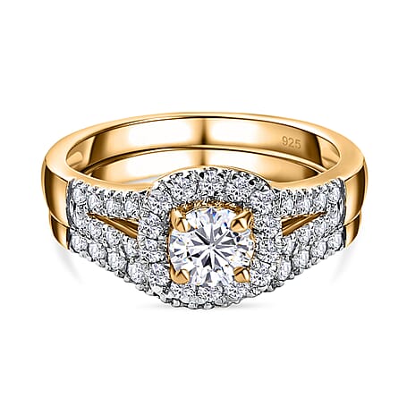 Set of 2 - D'Joy Moissanite Halo Ring in 18K Vermeil Yellow Gold Plated Sterling Silver 1.00 Ct.