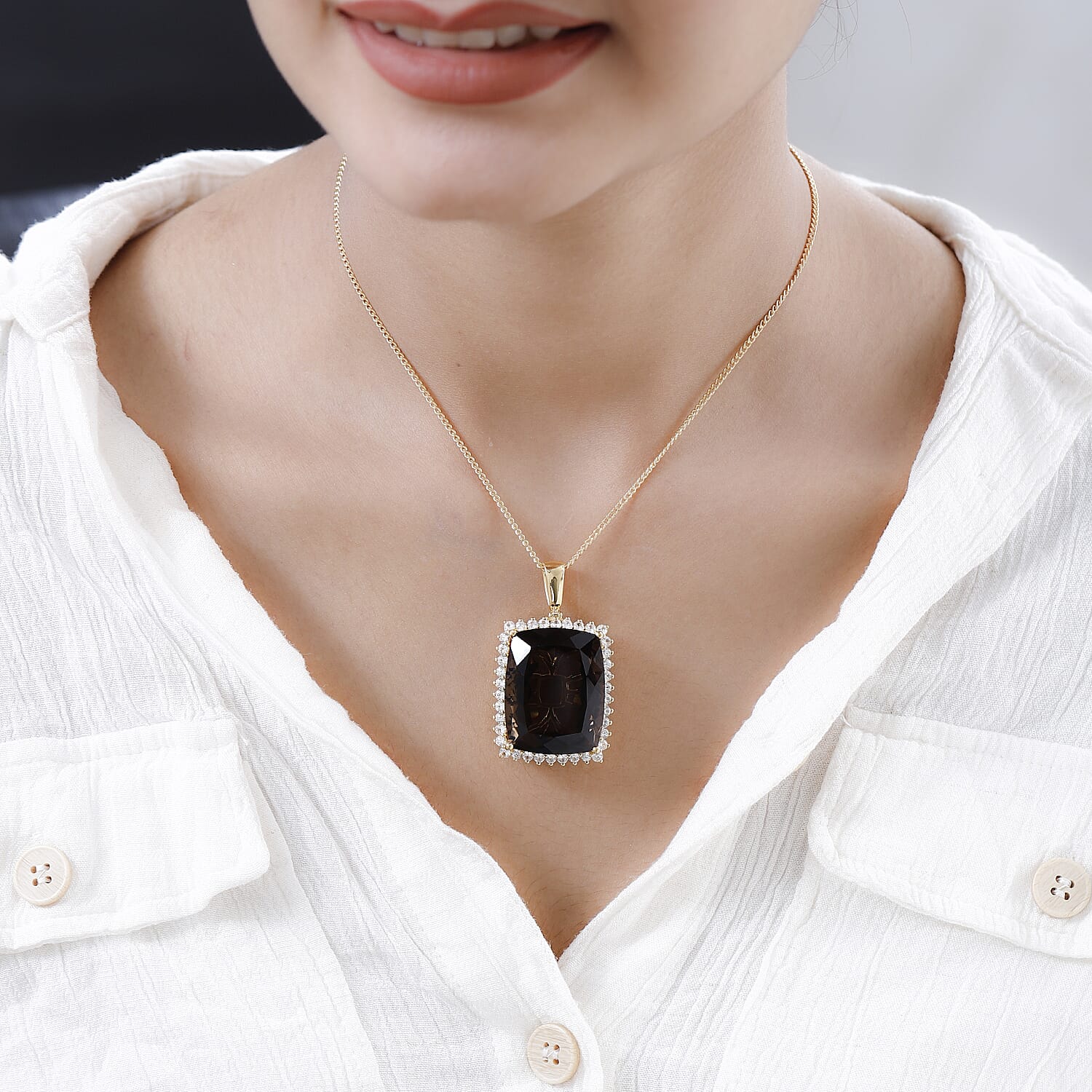 Smoky Quartz & Natural Zircon Pendant with Chain (Size 24) in 18K Yellow Gold Vermeil Plated Sterling Silver 3.60 Ct, Silver Wt. 13.21 Gms