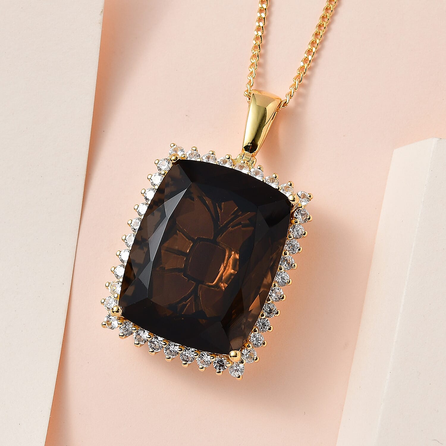 Smoky Quartz & Natural Zircon Pendant with Chain (Size 24) in 18K Yellow Gold Vermeil Plated Sterling Silver 3.60 Ct, Silver Wt. 13.21 Gms