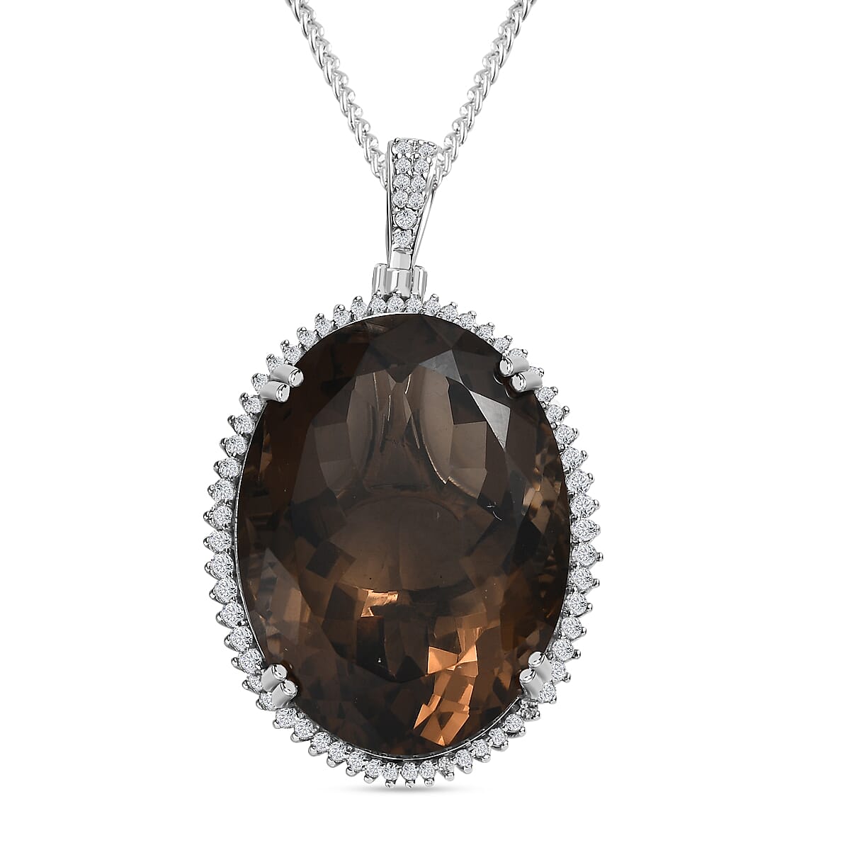Smoky Quartz & Natural Zircon Pendant with Chain (Size 20) Platinum Overlay Sterling Silver 56 Ct, Silver Wt. 10.62 Gms