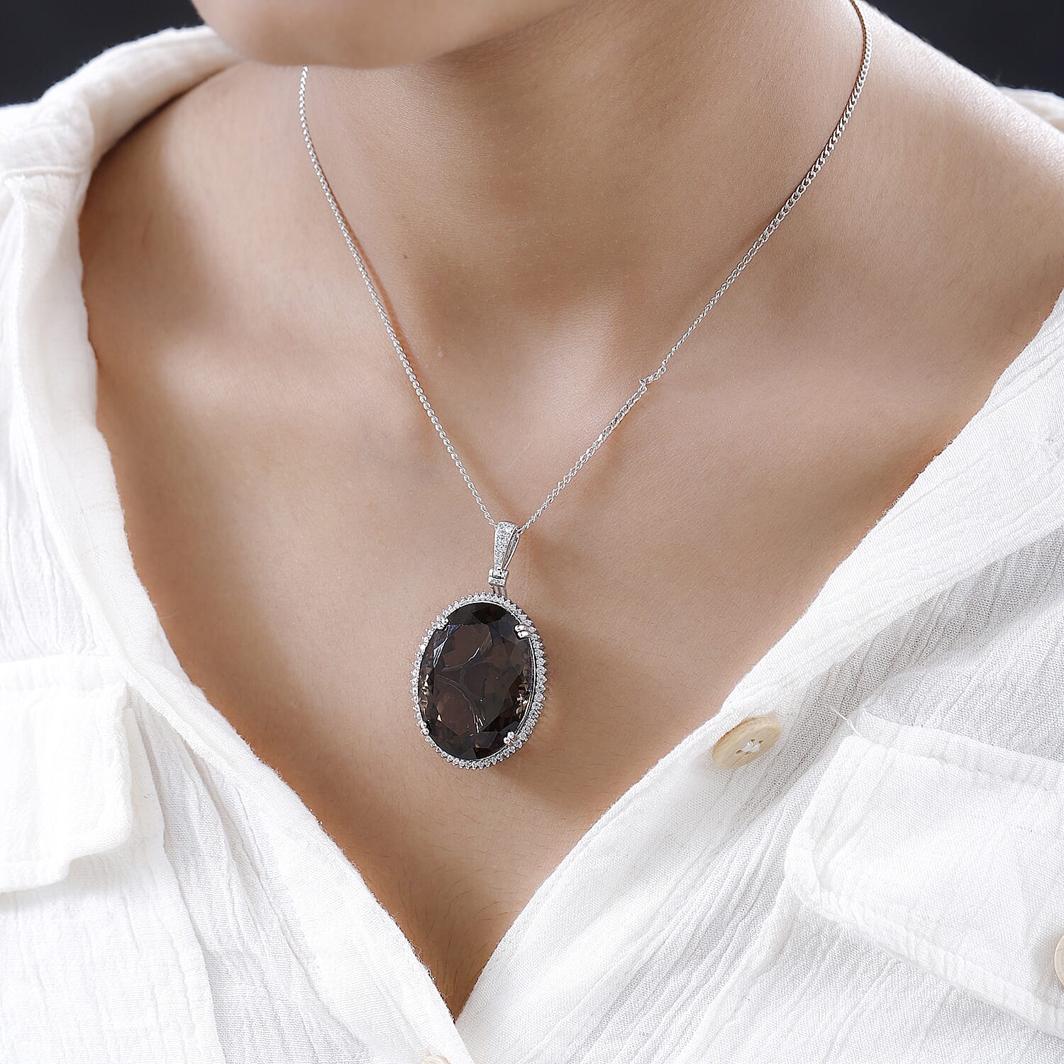 Smoky Quartz & Natural Zircon Pendant with Chain (Size 20) Platinum Overlay Sterling Silver 56 Ct, Silver Wt. 10.62 Gms