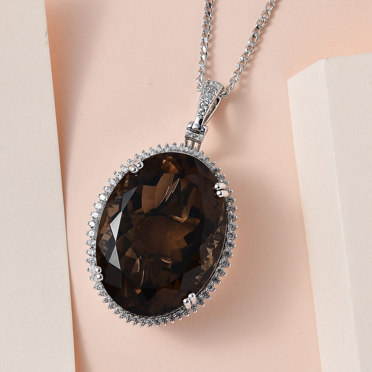 Smoky Quartz & Natural Zircon Pendant with Chain (Size 20) Platinum Overlay Sterling Silver 56 Ct, Silver Wt. 10.62 Gms