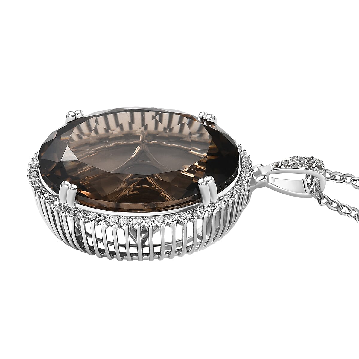 Smoky Quartz & Natural Zircon Pendant with Chain (Size 20) Platinum Overlay Sterling Silver 56 Ct, Silver Wt. 10.62 Gms