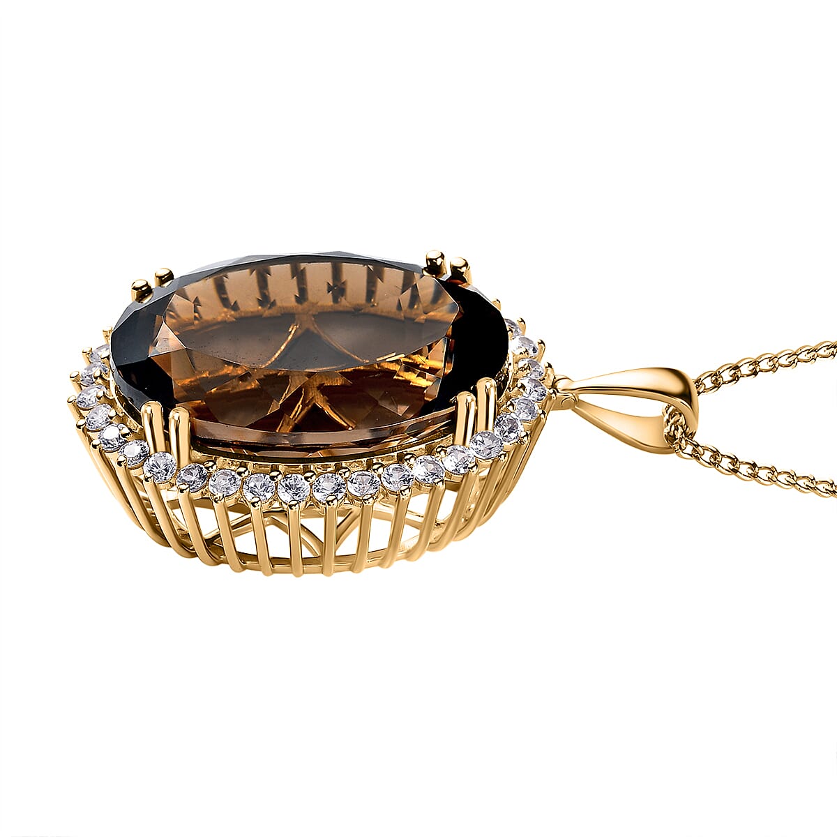 Smoky Quartz & Natural Zircon Pendant with Chain (Size 20) 18K Yellow Gold Vermeil Plated Sterling Silver 70.53 Ct, Silver Wt. 14.47 Gms