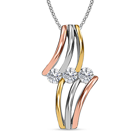 Moissanite Pendant with Chain (Size 20) in Platinum Overlay, 18K Yellow and Rose Gold Vermeil Sterling Silver