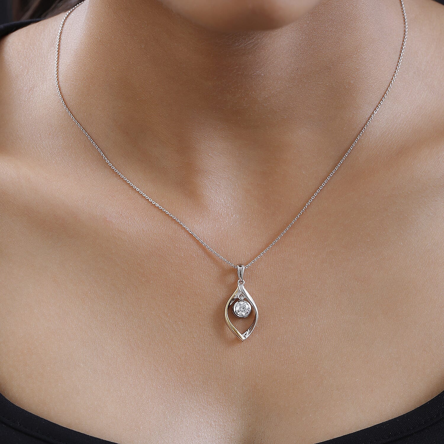 Moissanite Pendant with Chain (Size 20) in Vermeil Yellow Gold and Platinum Plated Sterling Silver