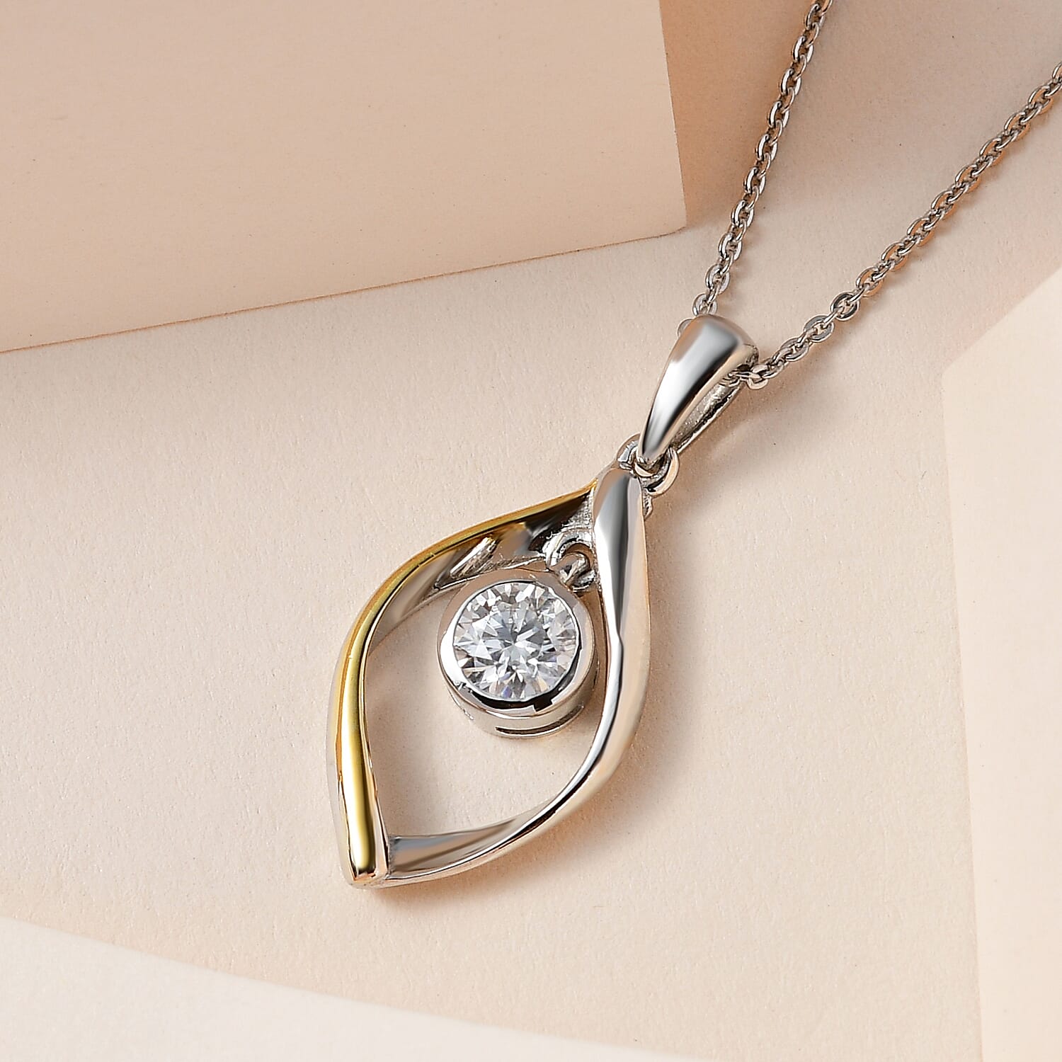Moissanite Pendant with Chain (Size 20) in Vermeil Yellow Gold and Platinum Plated Sterling Silver