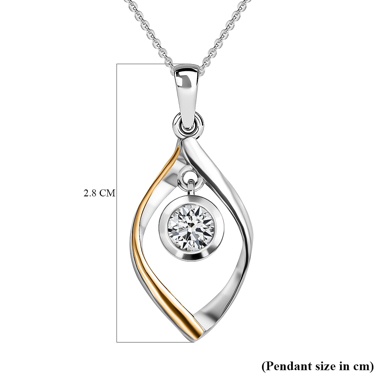 Moissanite Pendant with Chain (Size 20) in Vermeil Yellow Gold and Platinum Plated Sterling Silver