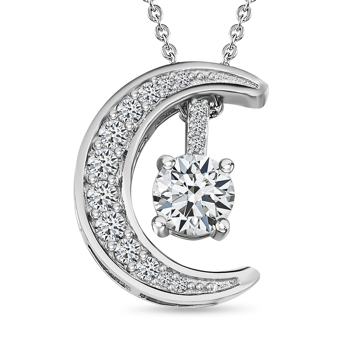 Moissanite Moon Pendant with Chain (Size 20) in Platinum Overlay Sterling Silver