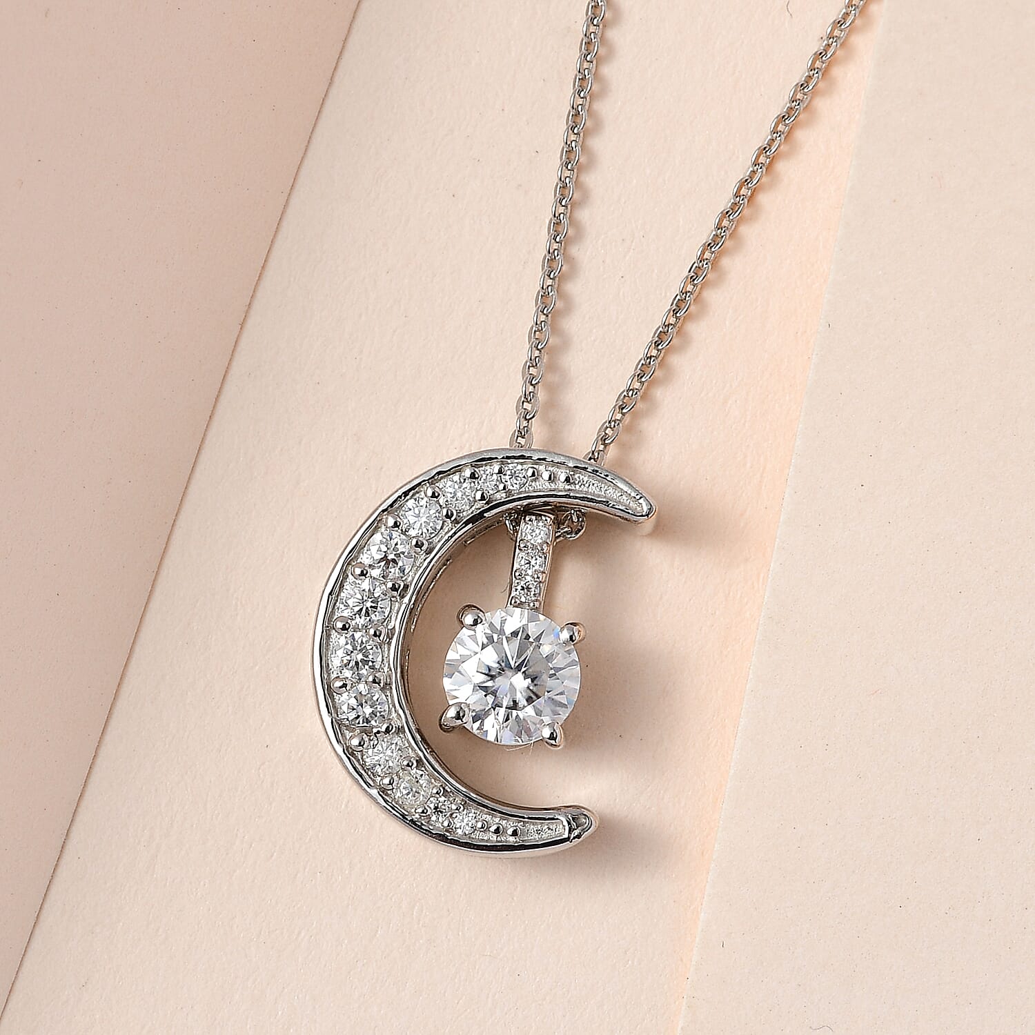Moissanite Moon Pendant with Chain (Size 20) in Platinum Overlay Sterling Silver