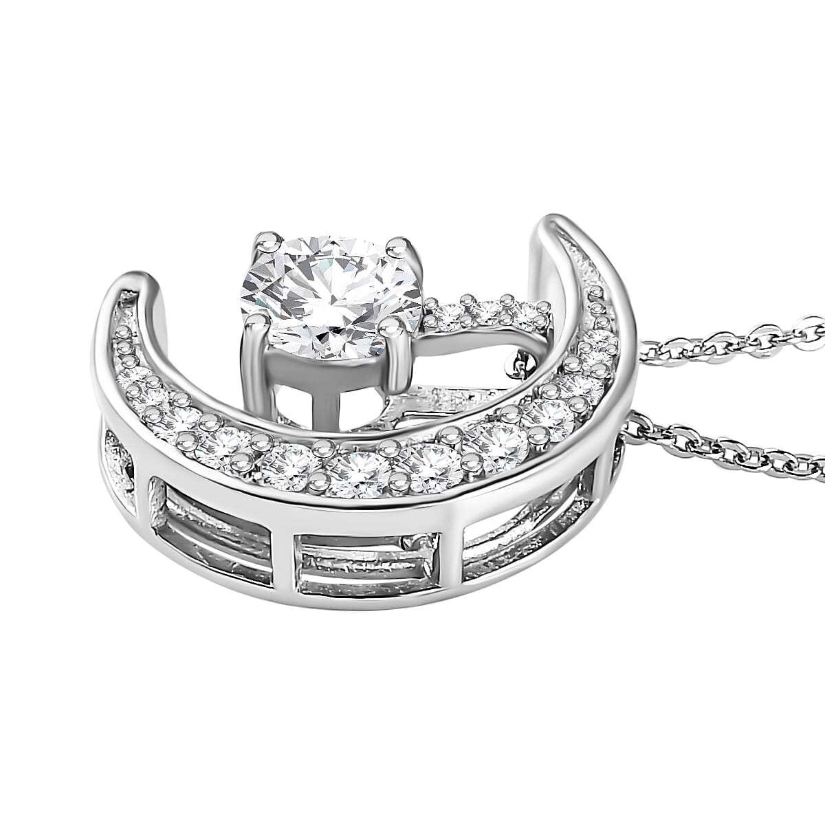 Moissanite Moon Pendant with Chain (Size 20) in Platinum Overlay Sterling Silver