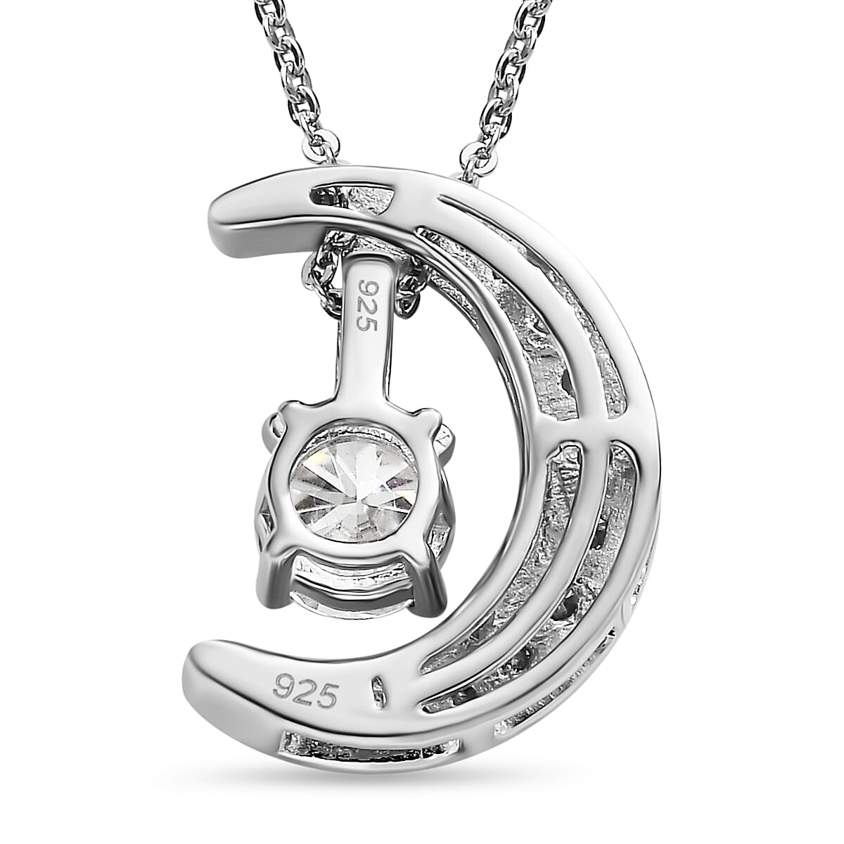 Moissanite Moon Pendant with Chain (Size 20) in Platinum Overlay Sterling Silver