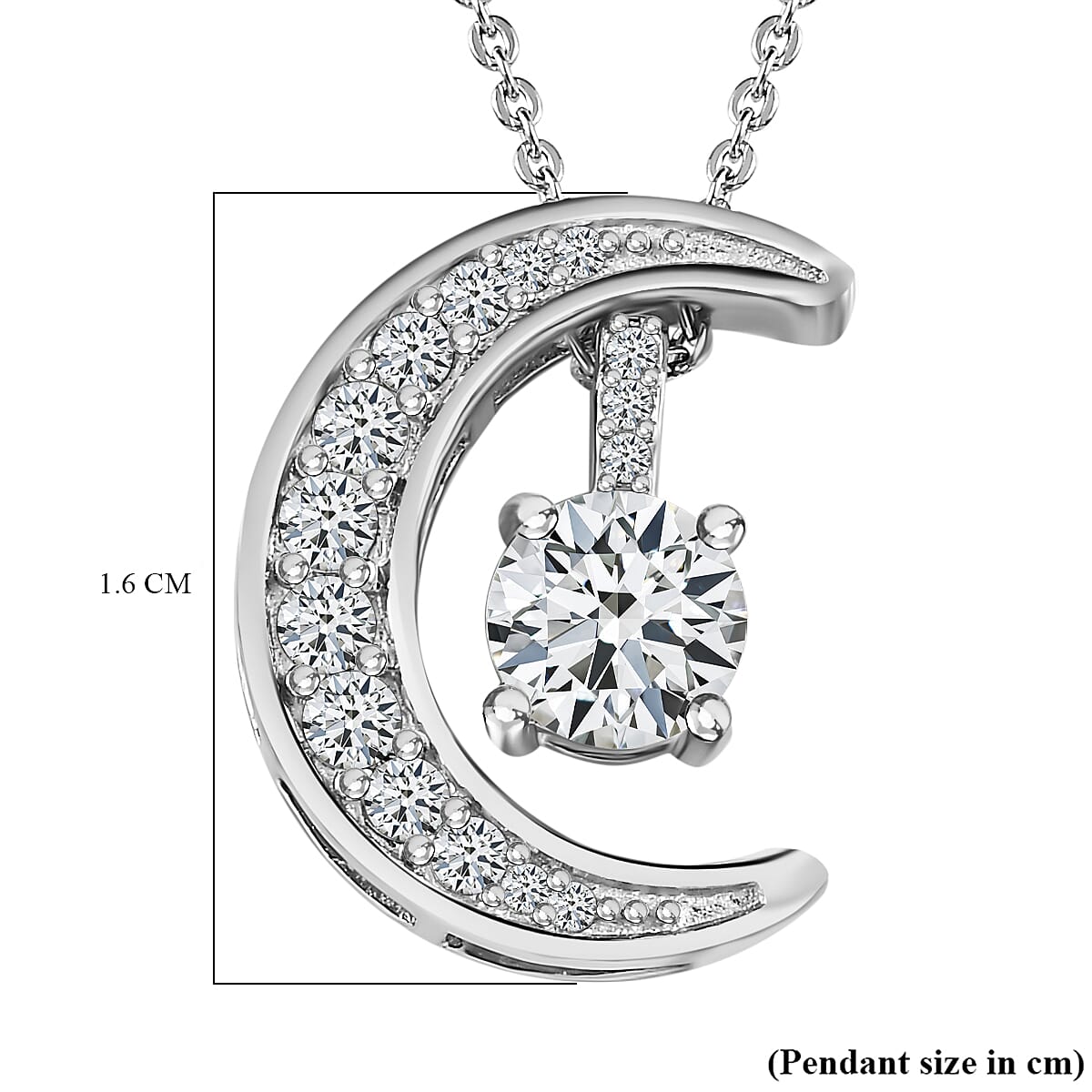 Moissanite Moon Pendant with Chain (Size 20) in Platinum Overlay Sterling Silver