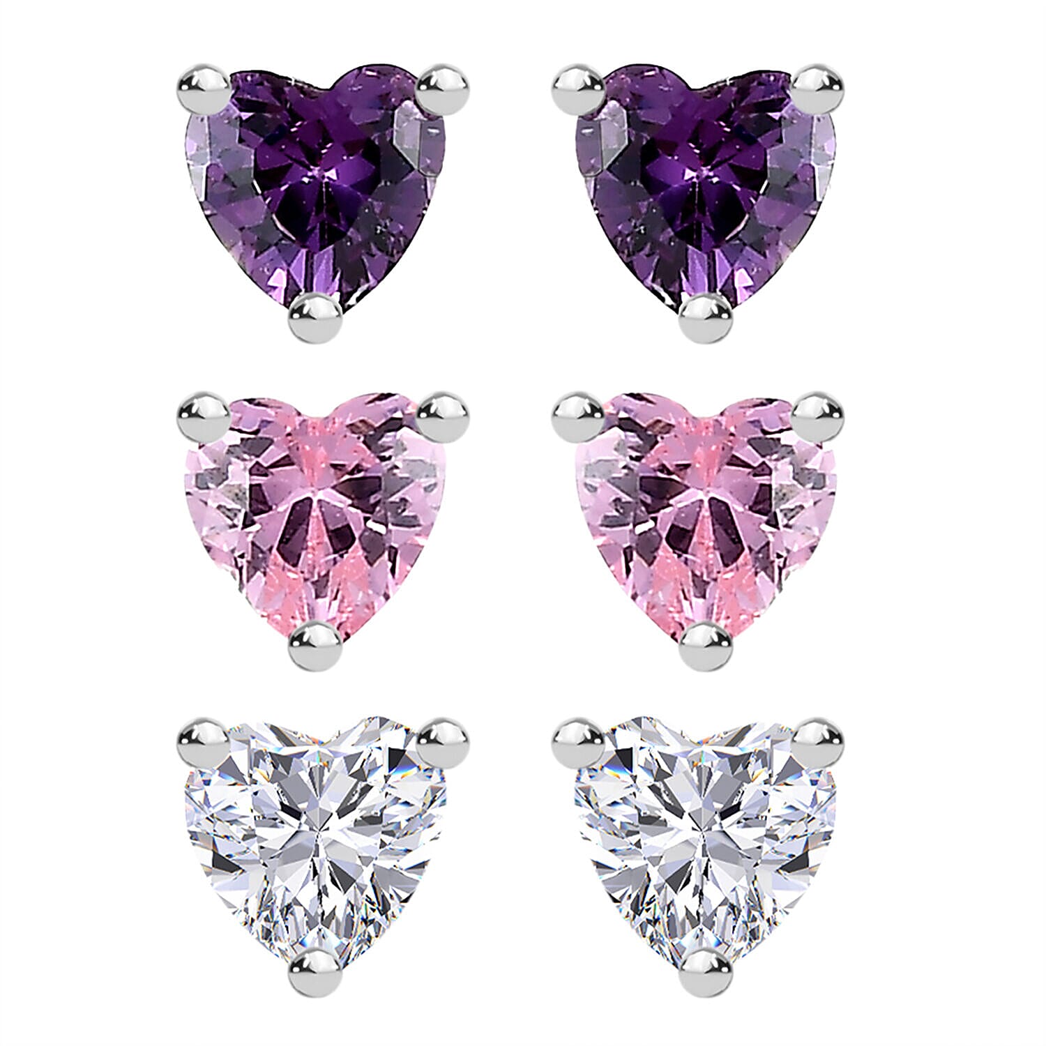 Set of 3 - Simulated Diamond Solitaire Stud Earrings Sterling Silver