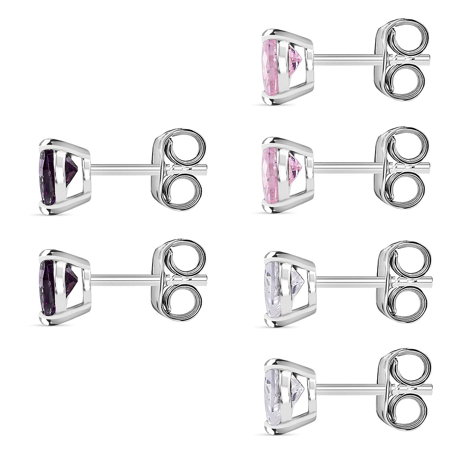 Set of 3 - Simulated Diamond Solitaire Stud Earrings Sterling Silver