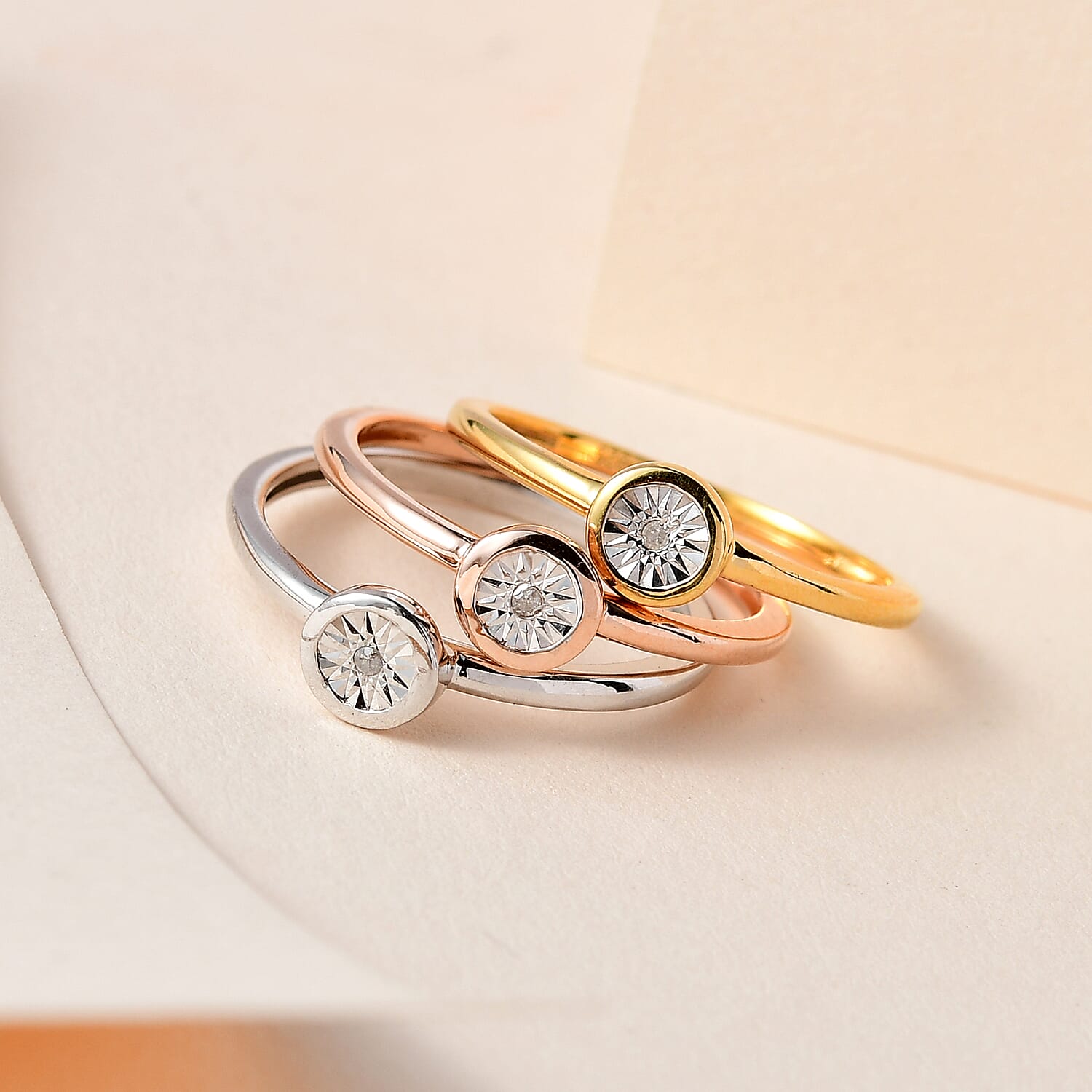 Set of 3 -  Diamond Stackable Ring in Platinum Overlay and 18K Rose and Yellow Gold Vermeil Plated Sterling Silver 0.03 Ct.