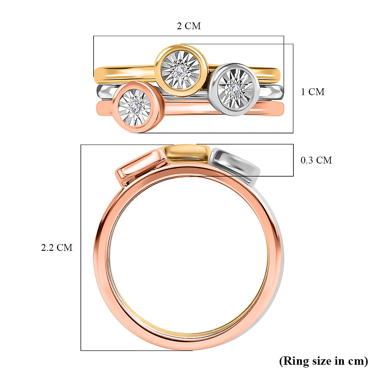 Set of 3 -  Diamond Stackable Ring in Platinum Overlay and 18K Rose and Yellow Gold Vermeil Plated Sterling Silver 0.03 Ct.