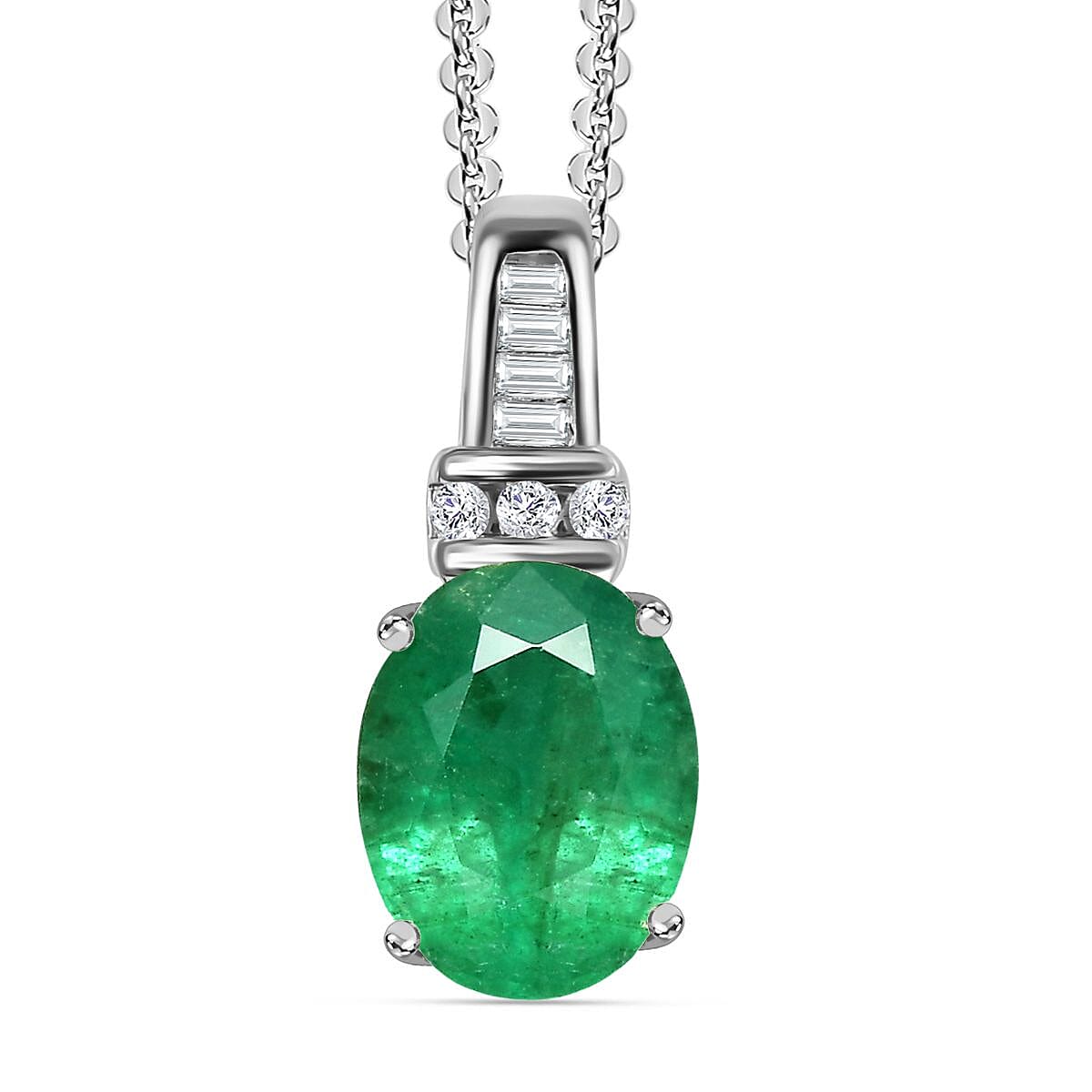 Zambian Emerald & Diamond Pendant With Chain (Size 20) in Platinum Overlay Sterling Silver 1.25 Ct
