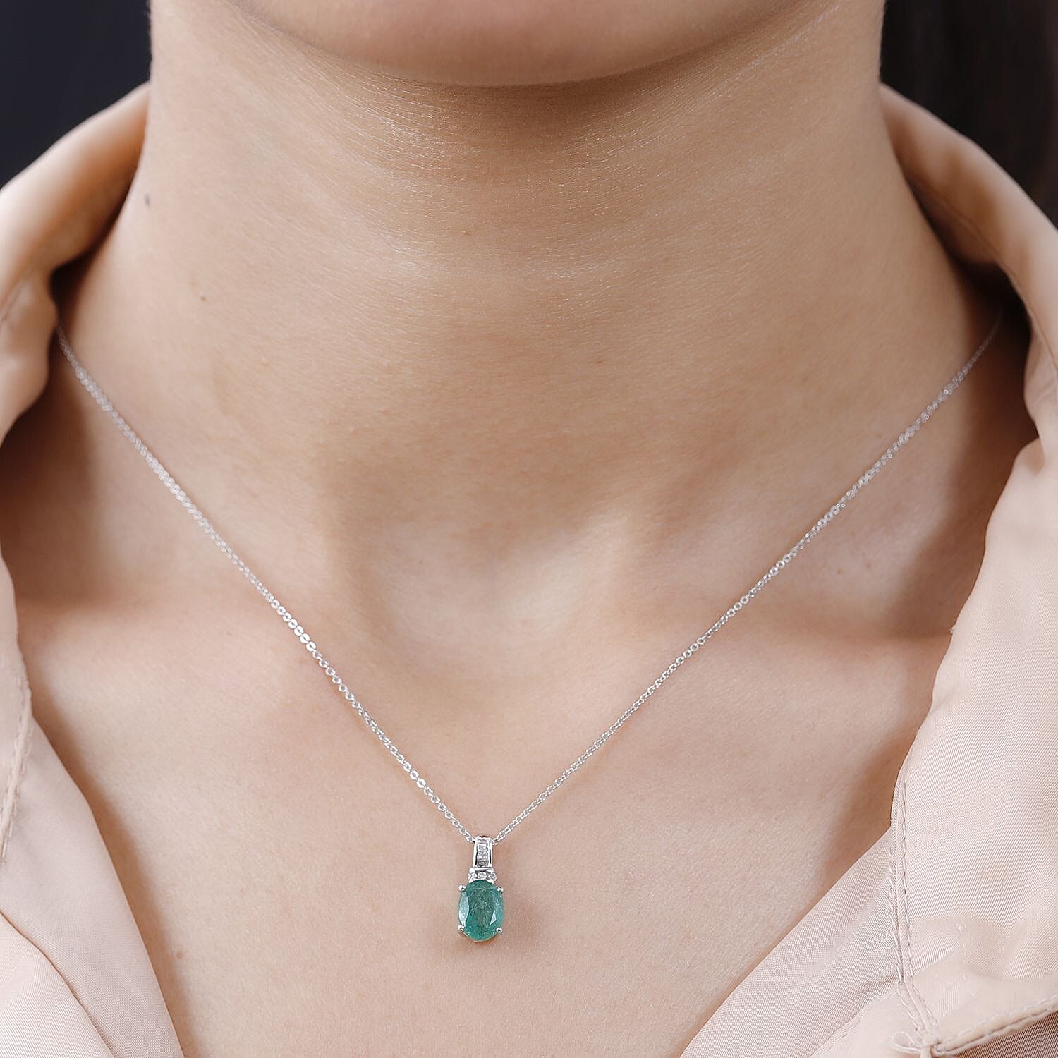 Zambian Emerald & Diamond Pendant With Chain (Size 20) in Platinum Overlay Sterling Silver 1.25 Ct