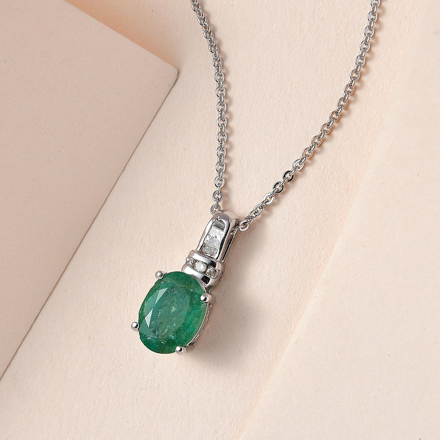 Zambian Emerald & Diamond Pendant With Chain (Size 20) in Platinum Overlay Sterling Silver 1.25 Ct