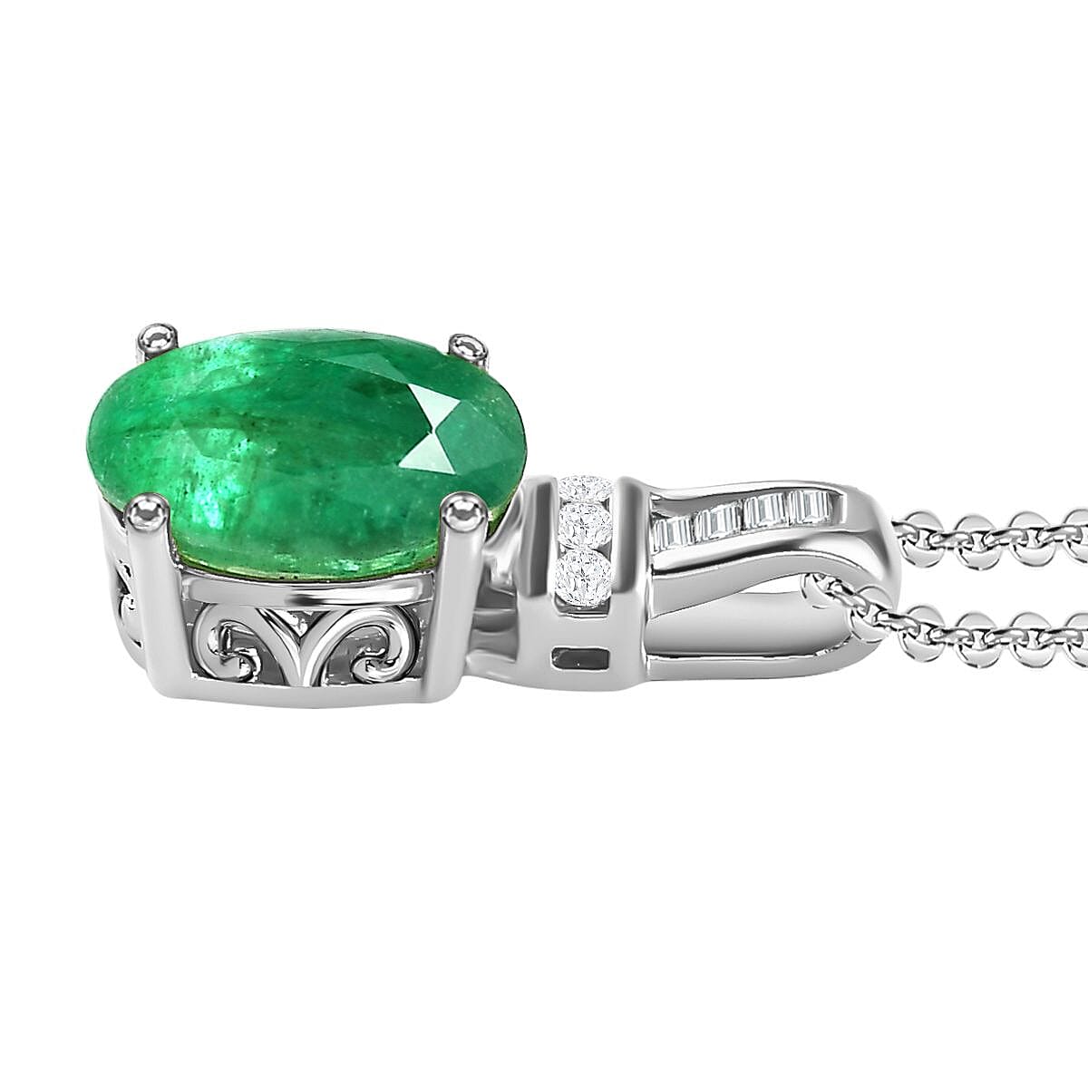 Zambian Emerald & Diamond Pendant With Chain (Size 20) in Platinum Overlay Sterling Silver 1.25 Ct