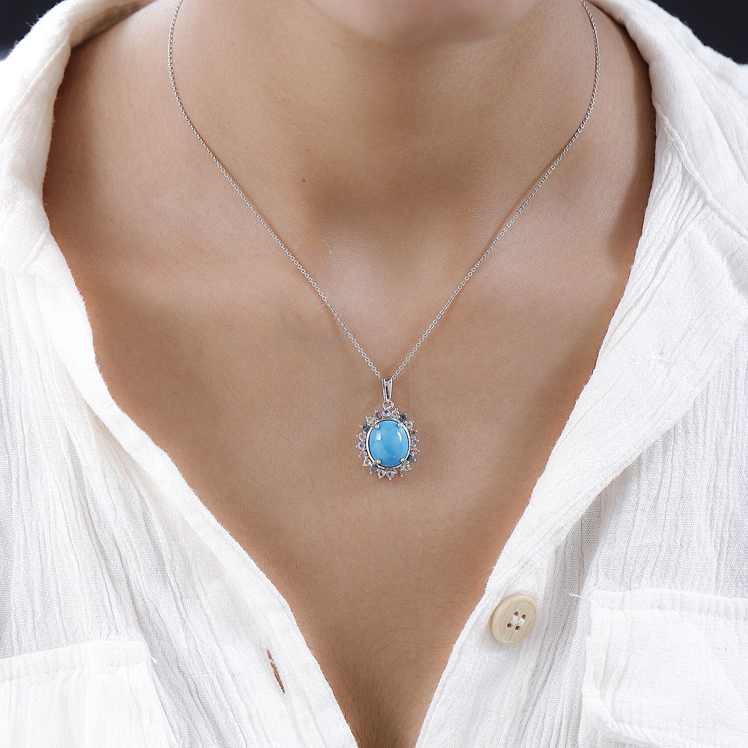 Arizona Sleeping Beauty Turquoise & Multi Sapphire Halo Pendant With Chain (Size 20) in Platinum Overlay Sterling Silver 4.75 Ct