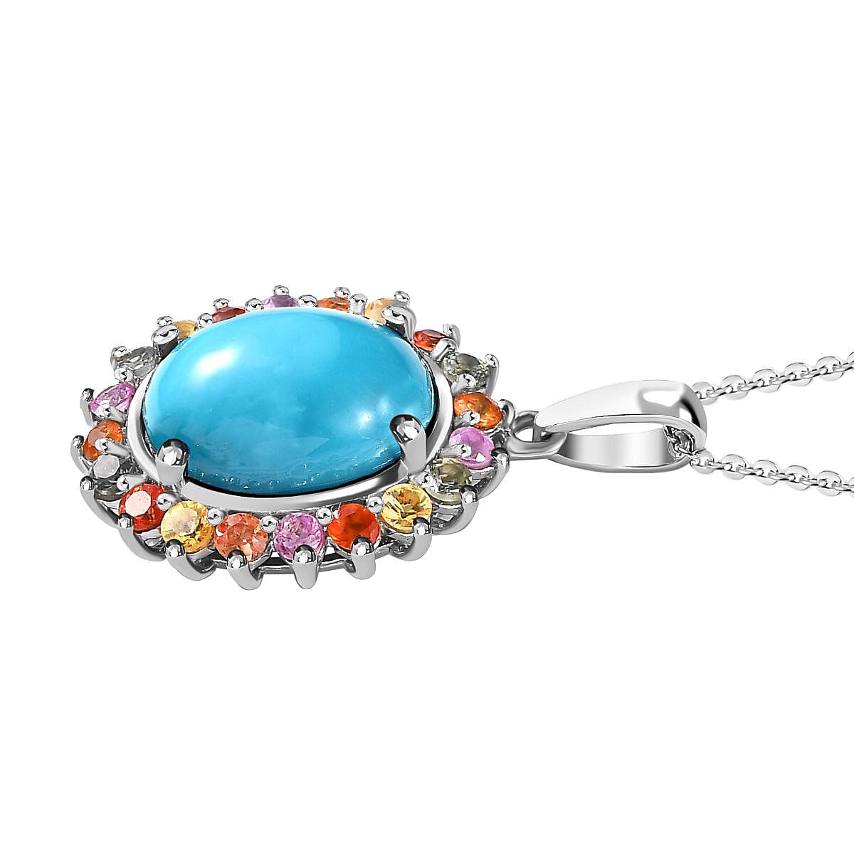 Arizona Sleeping Beauty Turquoise & Multi Sapphire Halo Pendant With Chain (Size 20) in Platinum Overlay Sterling Silver 4.75 Ct