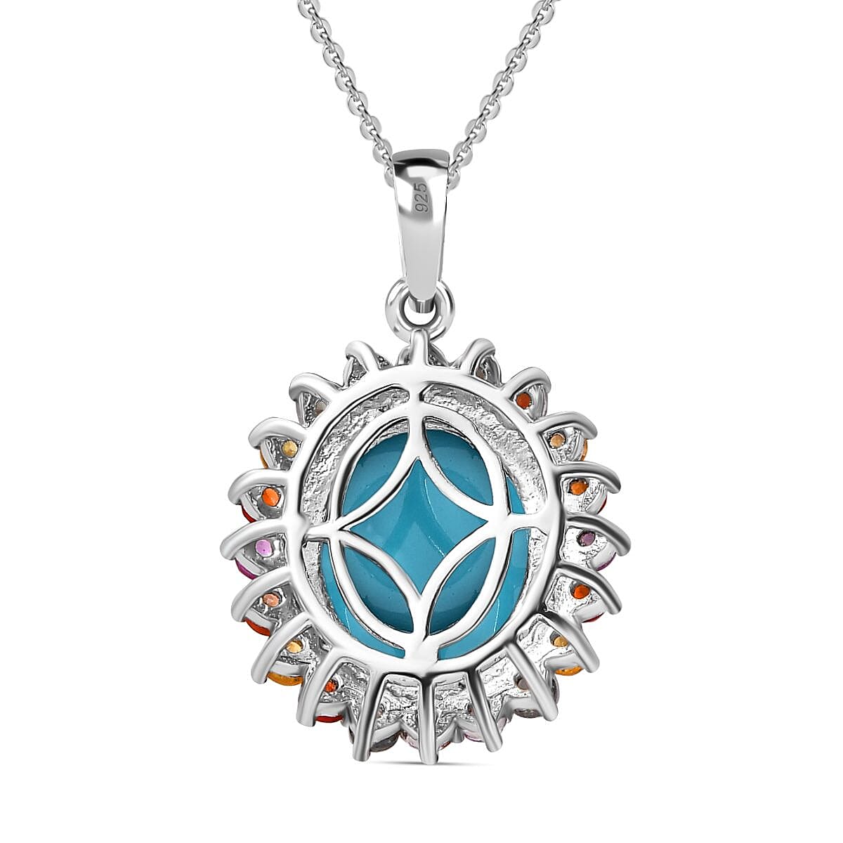 Arizona Sleeping Beauty Turquoise & Multi Sapphire Halo Pendant With Chain (Size 20) in Platinum Overlay Sterling Silver 4.75 Ct