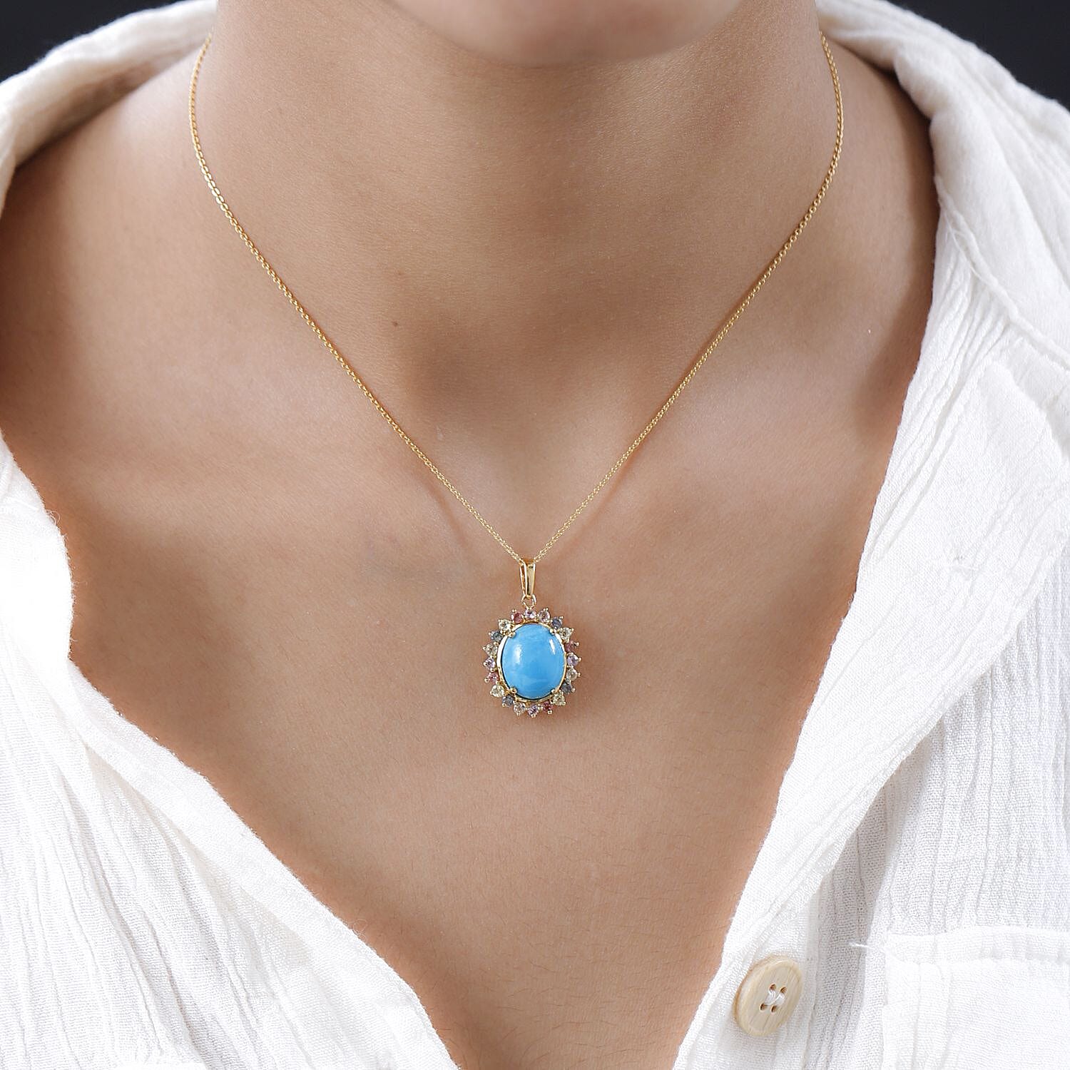 Arizona Sleeping Beauty Turquoise & Multi Sapphire Pendant with Chain (Size 20) in 18K Vermeil Yellow Gold Plated Sterling Silver 4.74 Ct, Silver Wt. 5.17 Gms