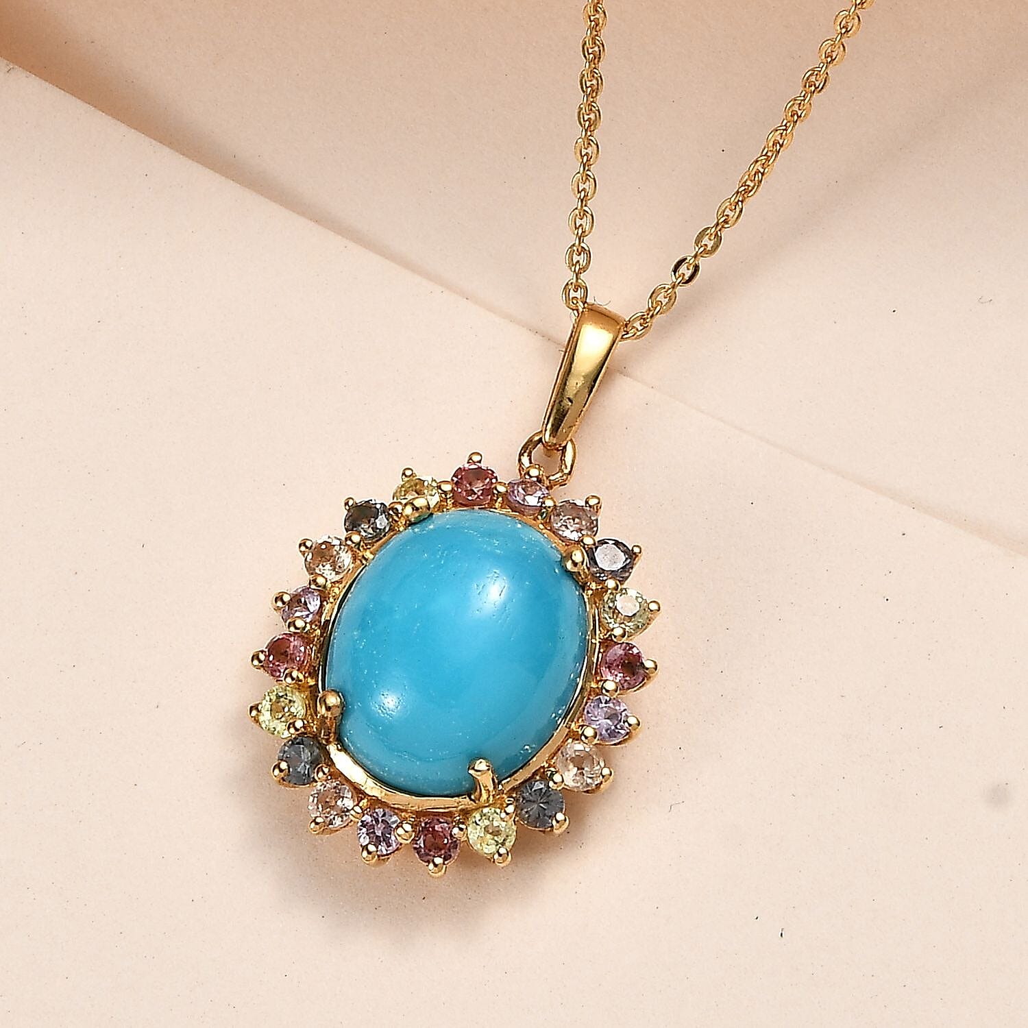 Arizona Sleeping Beauty Turquoise & Multi Sapphire Pendant with Chain (Size 20) in 18K Vermeil Yellow Gold Plated Sterling Silver 4.74 Ct, Silver Wt. 5.17 Gms