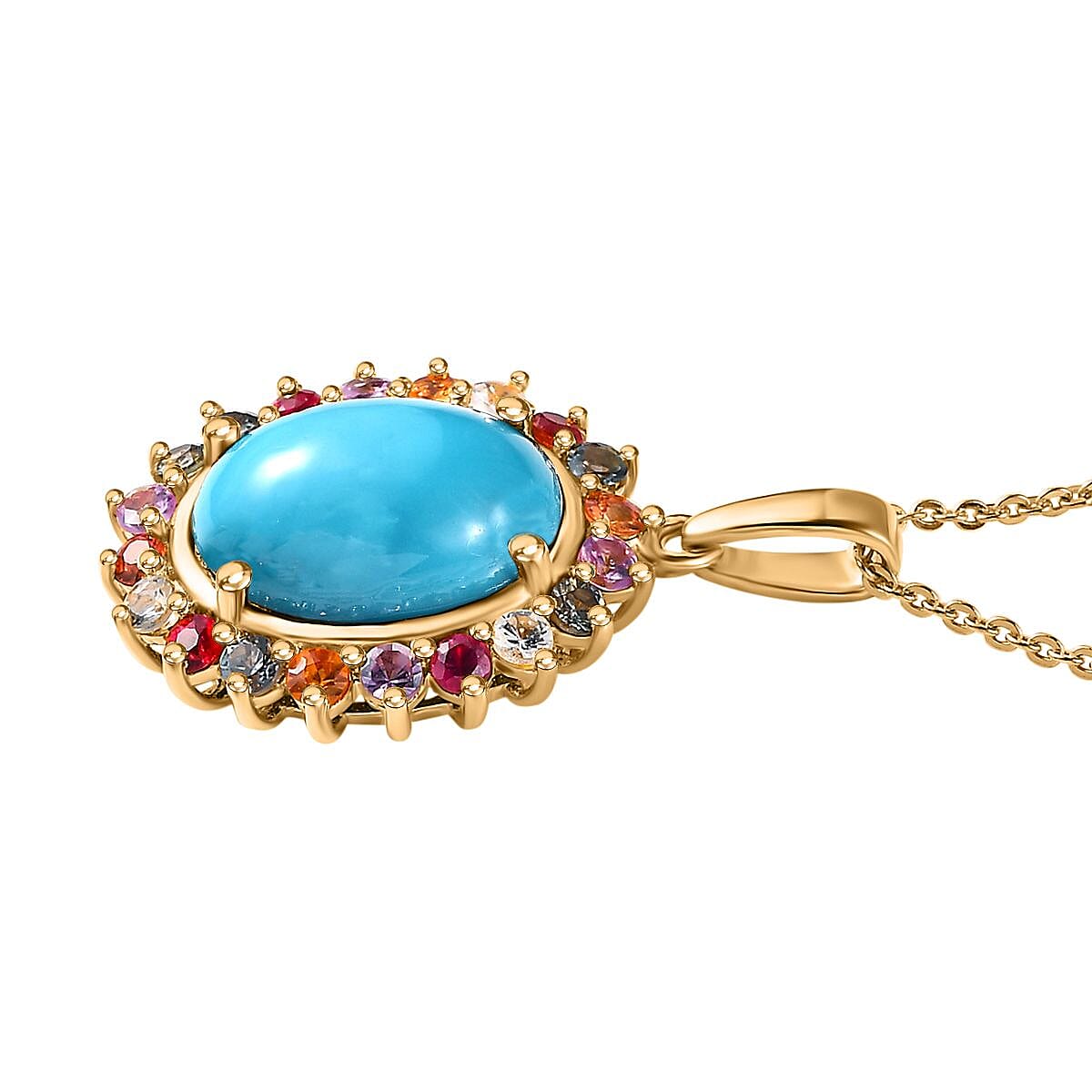 Arizona Sleeping Beauty Turquoise & Multi Sapphire Pendant with Chain (Size 20) in 18K Vermeil Yellow Gold Plated Sterling Silver 4.74 Ct, Silver Wt. 5.17 Gms