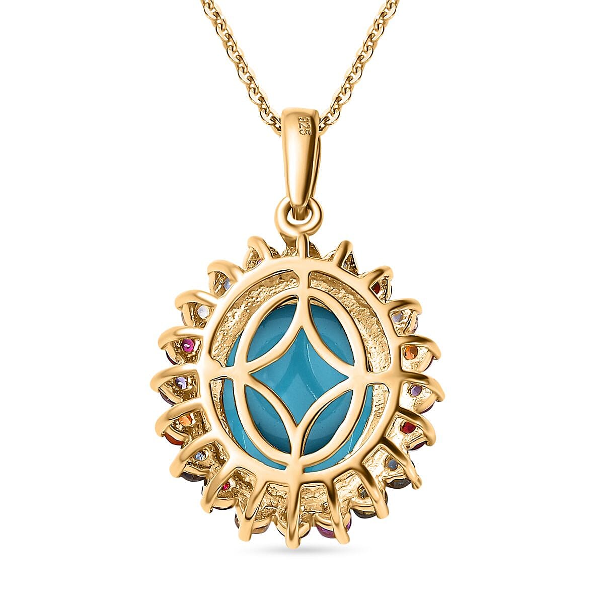 Arizona Sleeping Beauty Turquoise & Multi Sapphire Pendant with Chain (Size 20) in 18K Vermeil Yellow Gold Plated Sterling Silver 4.74 Ct, Silver Wt. 5.17 Gms