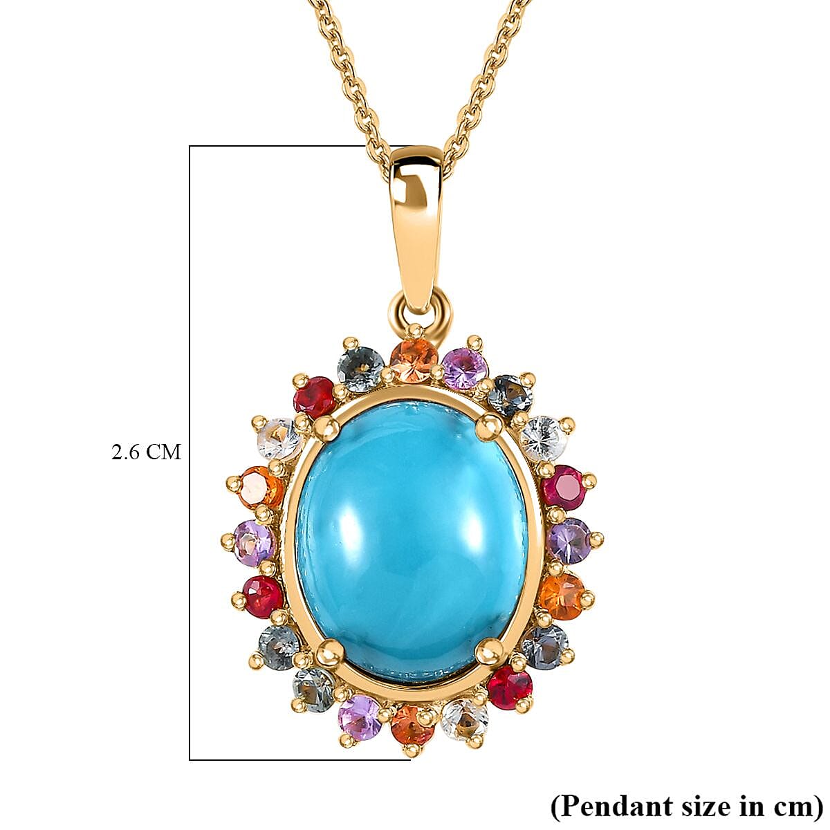 Arizona Sleeping Beauty Turquoise & Multi Sapphire Pendant with Chain (Size 20) in 18K Vermeil Yellow Gold Plated Sterling Silver 4.74 Ct, Silver Wt. 5.17 Gms