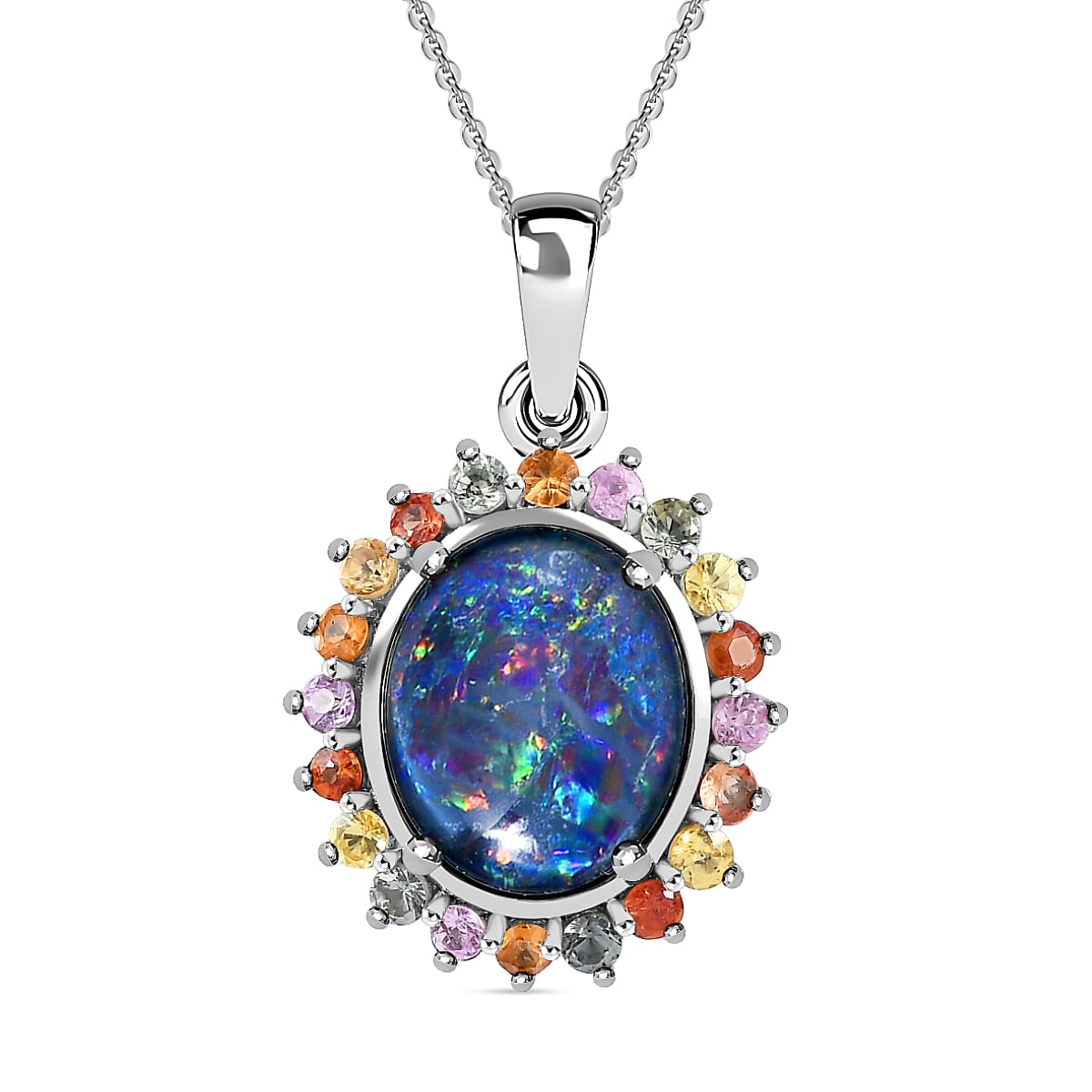 Boulder Opal & Multi Sapphire Pendant with Chain (Size 20) in Platinum Overlay Sterling Silver 3.77 Ct