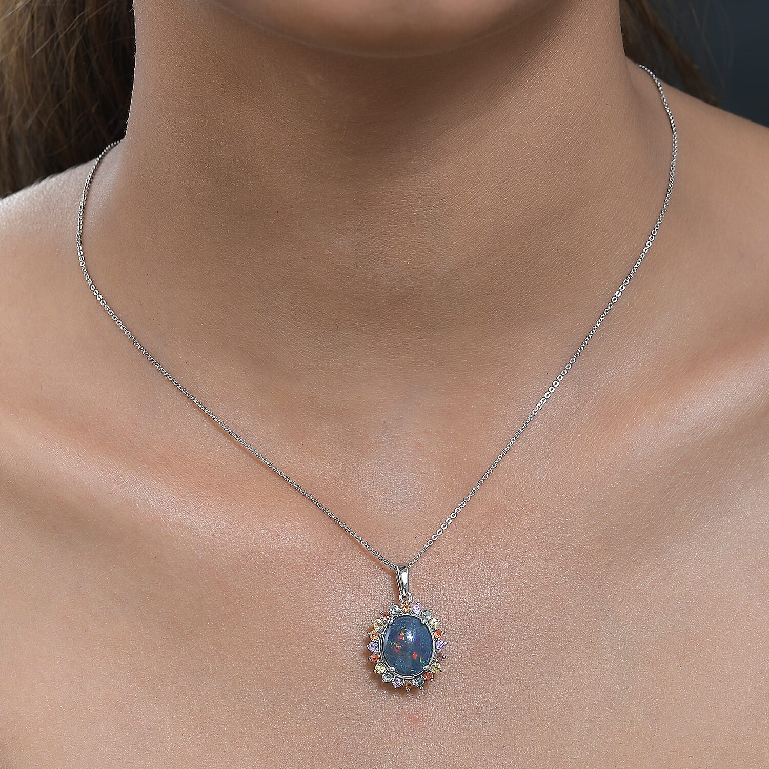 Boulder Opal & Multi Sapphire Pendant with Chain (Size 20) in Platinum Overlay Sterling Silver 3.77 Ct