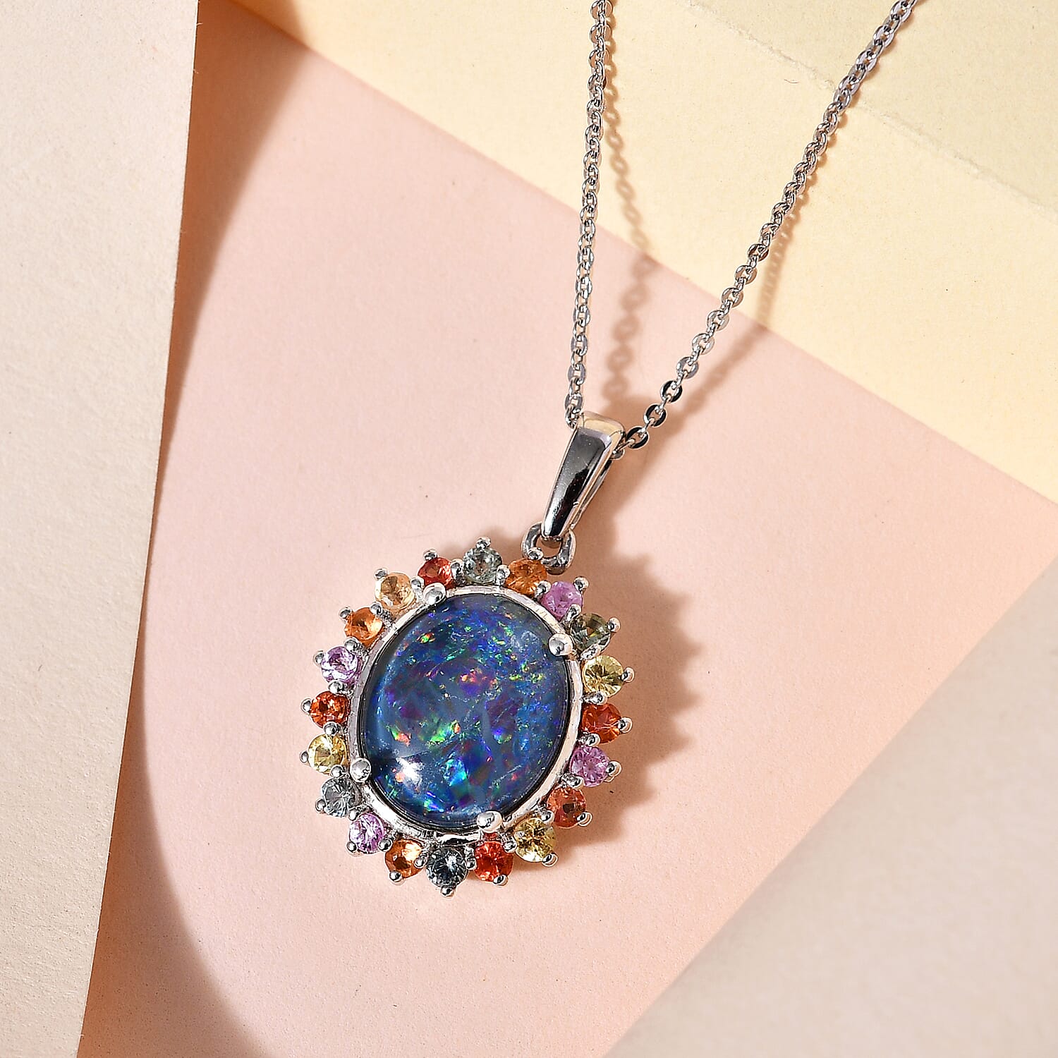 Boulder Opal & Multi Sapphire Pendant with Chain (Size 20) in Platinum Overlay Sterling Silver 3.77 Ct
