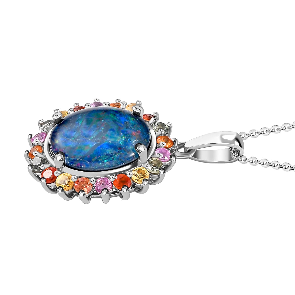 Boulder Opal & Multi Sapphire Pendant with Chain (Size 20) in Platinum Overlay Sterling Silver 3.77 Ct